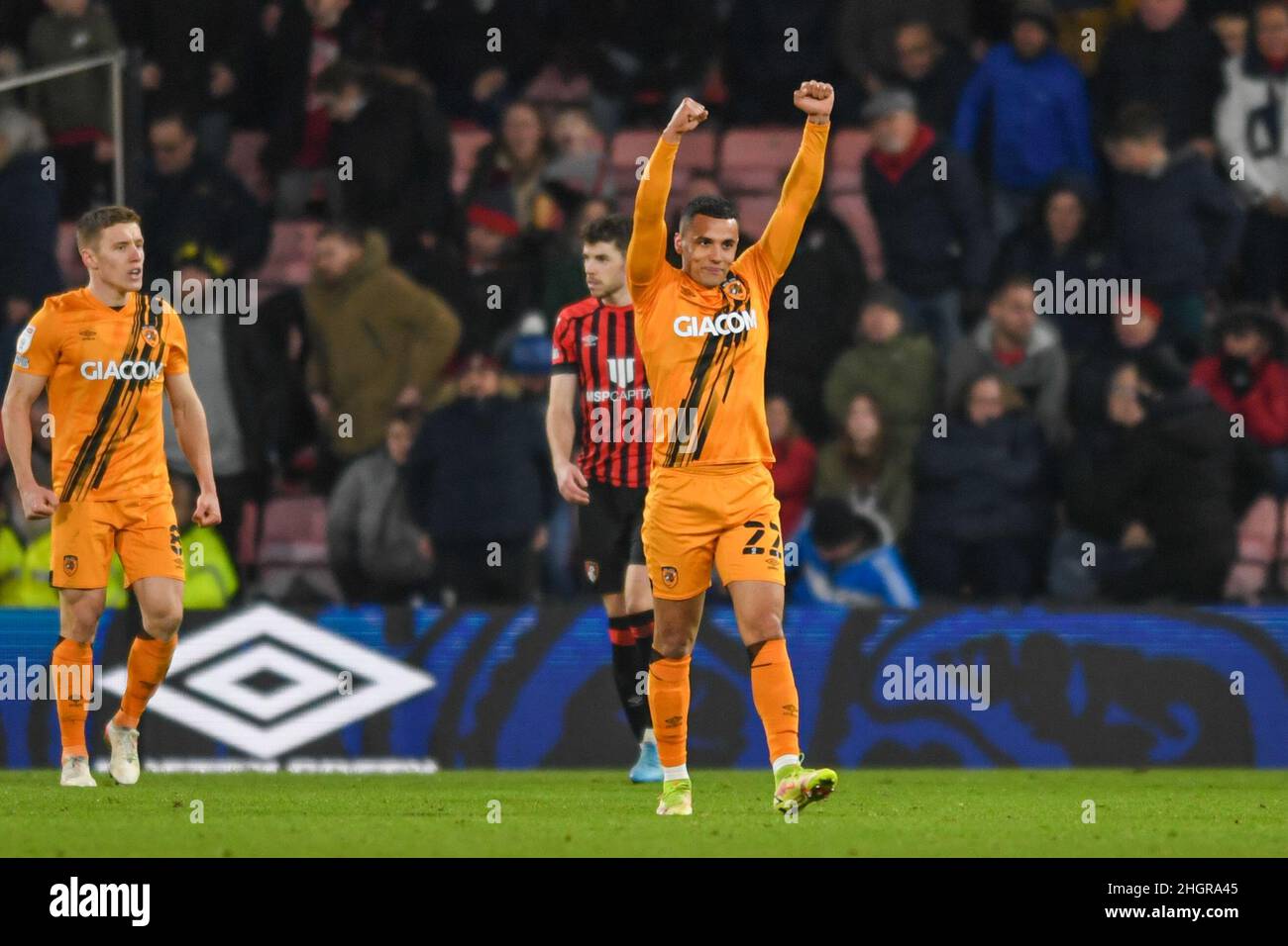 Tyler Smith #22 of Hull City celebrates beating Bournemouth 0-1 at the final whistle Stock Photo