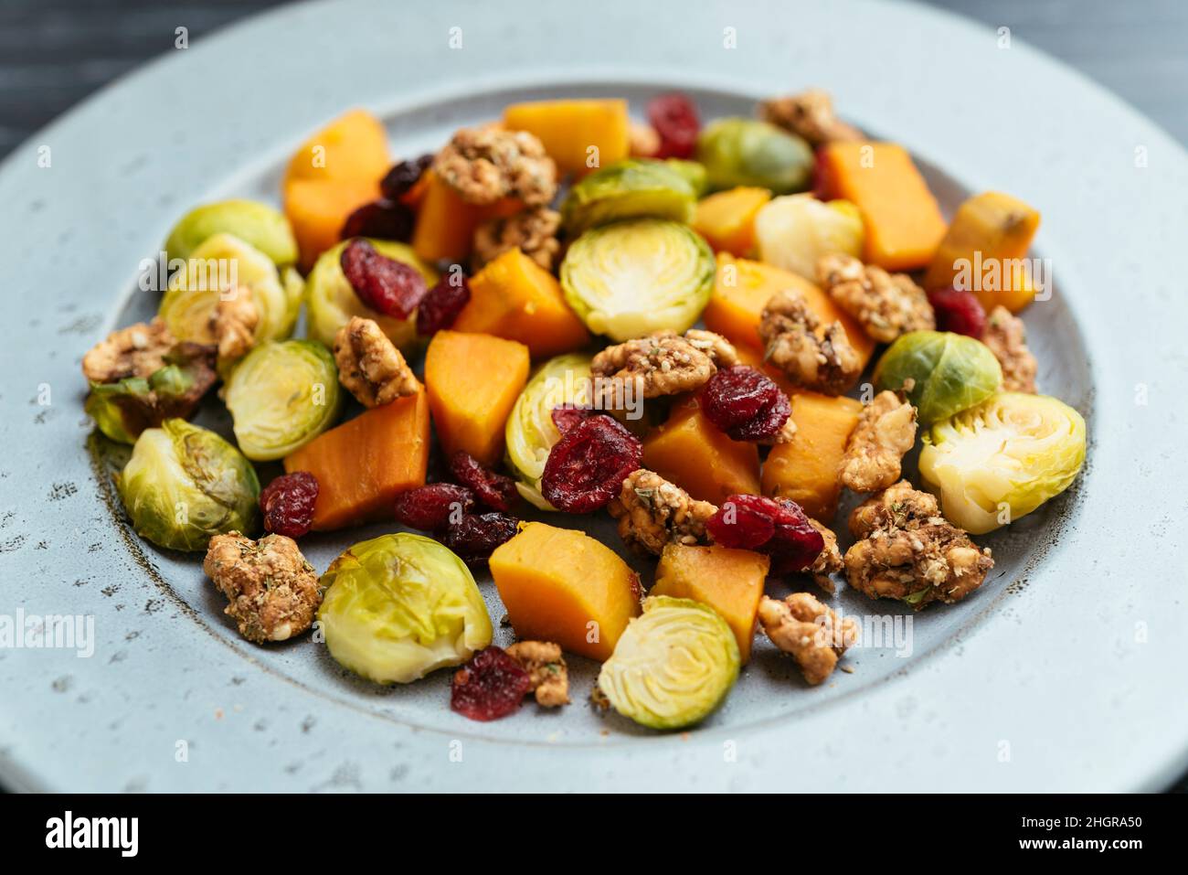 Roasted Brussels Sprouts and Sweet Potatoes with dried cranberries and spicy walnuts. Stock Photo