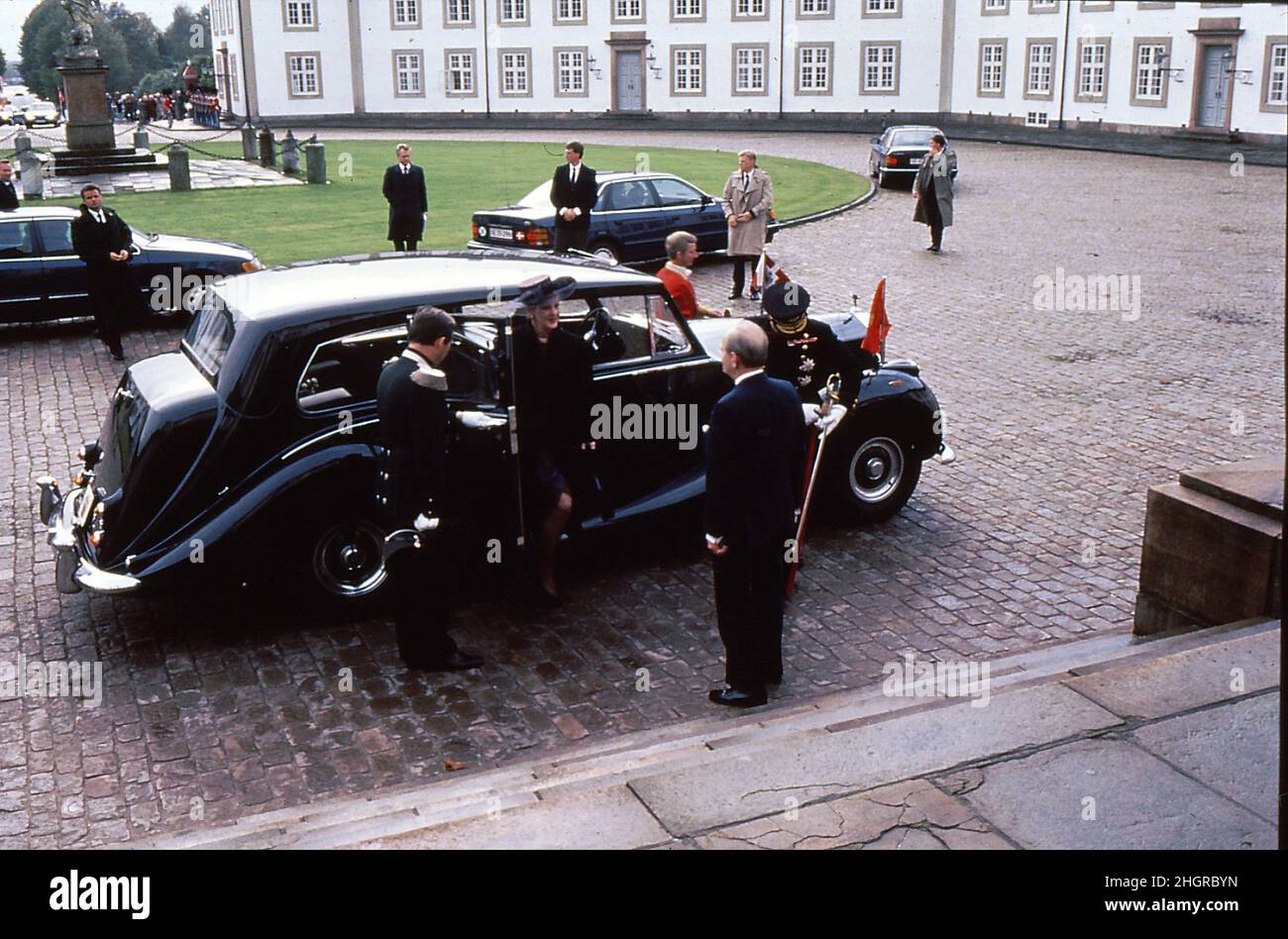 Fredensborg/Denmark./28 October 1991/. M.H.The Queen Margrethe II of Denamrk arrives at Fredensborg Palace in north sjaeland danish royal summer residence in Fredensborg.   (Photo..Francis Joseph Dean/Dean Pictures) Stock Photo