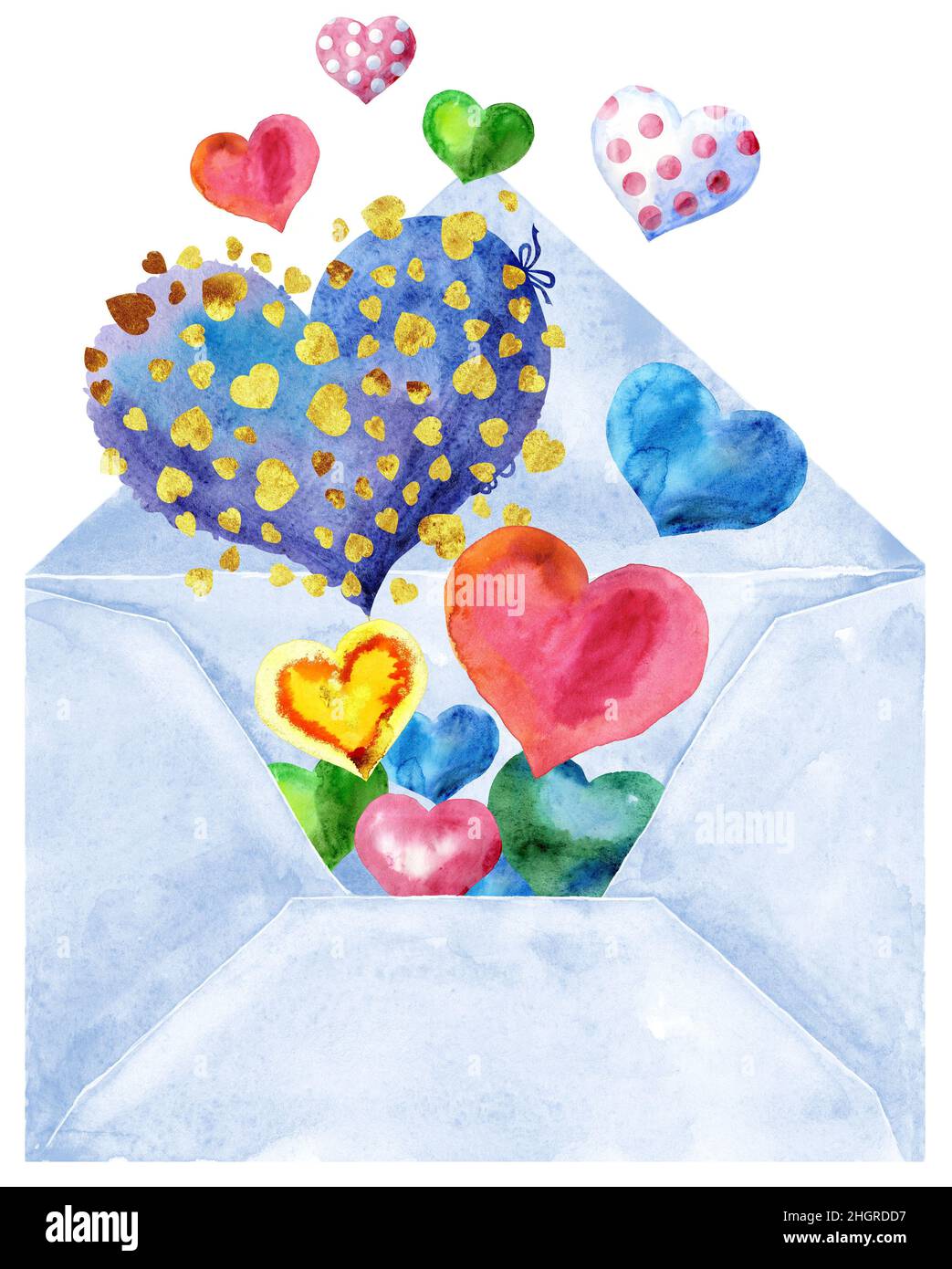 Watercolor hand-drawn illustration of an envelope with hearts on a ...