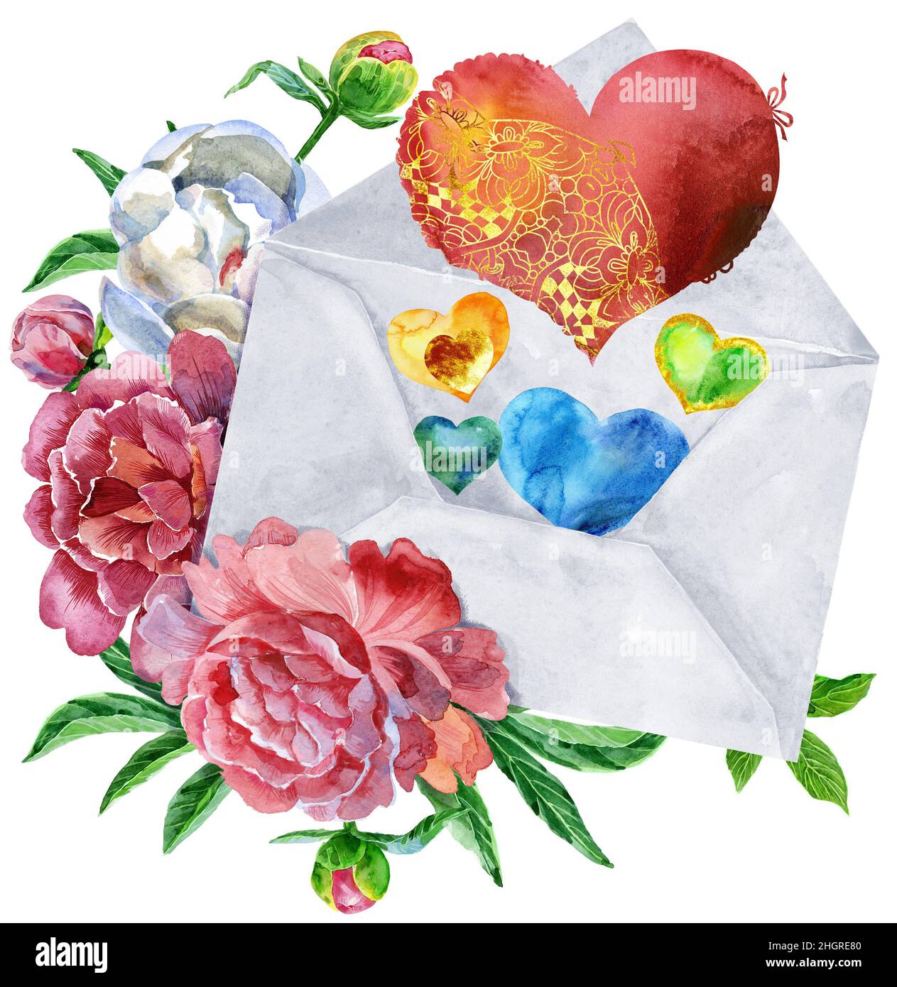 Watercolor hand-drawn illustration of an envelope with hearts and ...