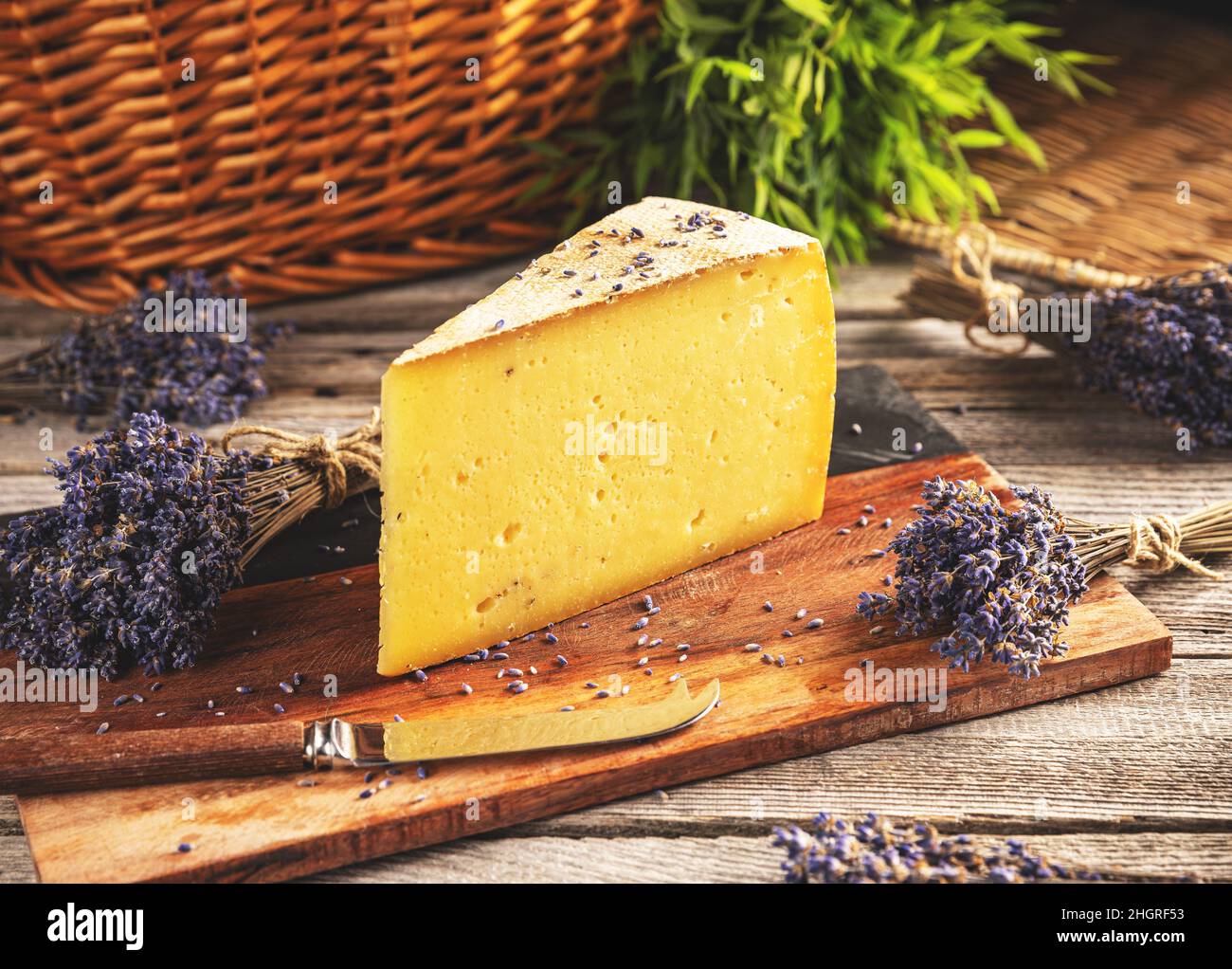 Lavender cheese plate with dry lavender flowers Stock Photo by Portoprens