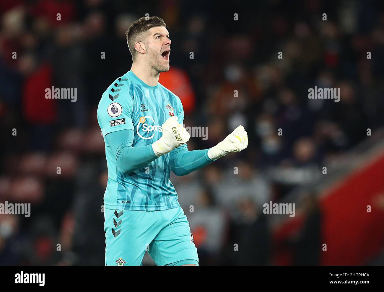 Southampton, England, 22nd January 2022. Fraser Forster of Southampton celebrates after Kyle Walker-Peters of Southampton scores the opening goal during the Premier League match at St Mary's Stadium, Southampton. Picture credit should read: Paul Terry / Sportimage Stock Photo