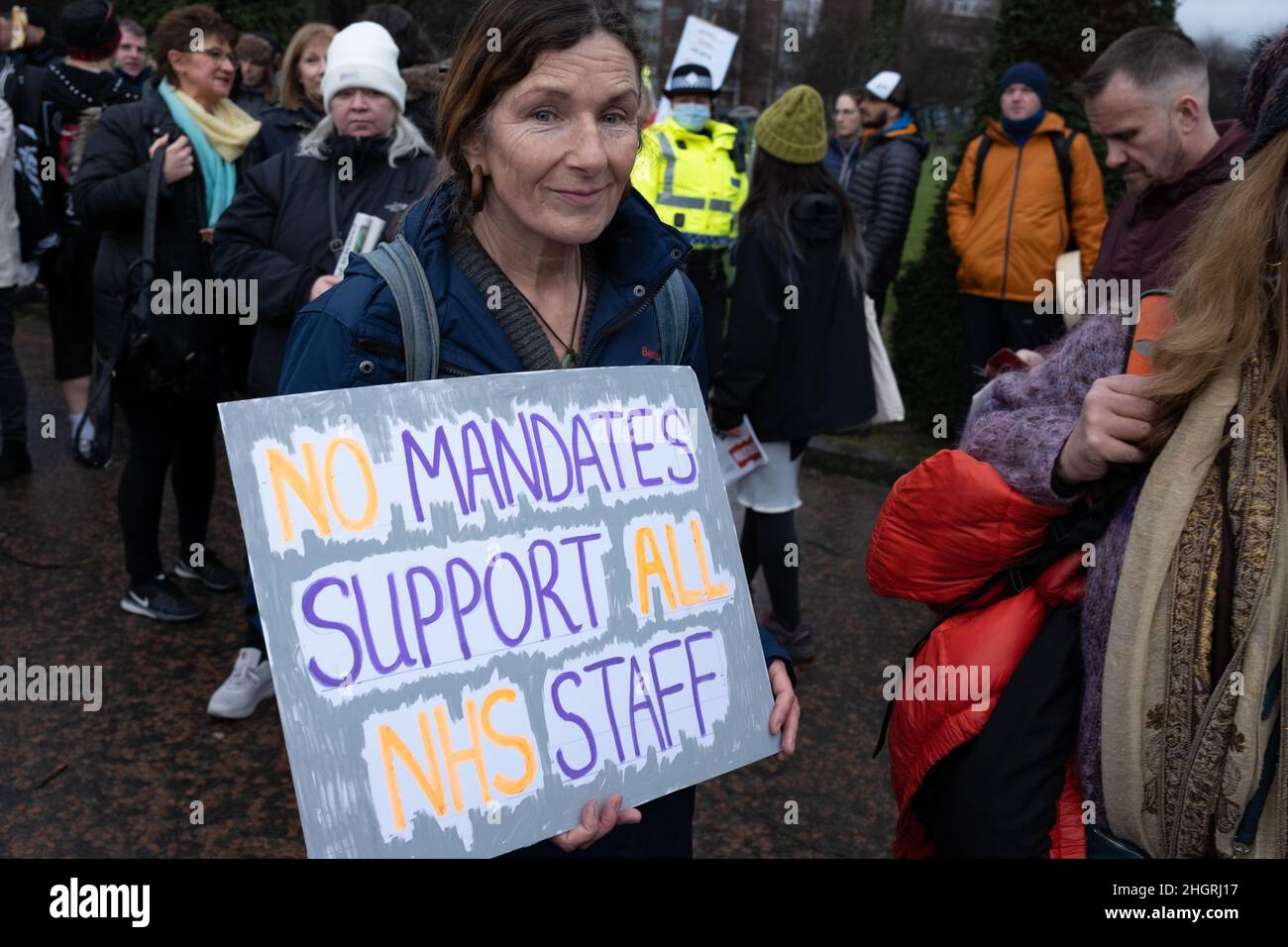 Glasgow, UK. Scotland Against Lockdown ‘Freedom Rally’, against lockdown, the use of facemasks and vaccine passports and anti-vaccines, during the CoronaVirus Covid-19 Omicron stage of the health pandemic, in Glasgow, Scotland, 22 January 2022. Credit: Jeremy Sutton-Hibbert/ Alamy Live News. Stock Photo