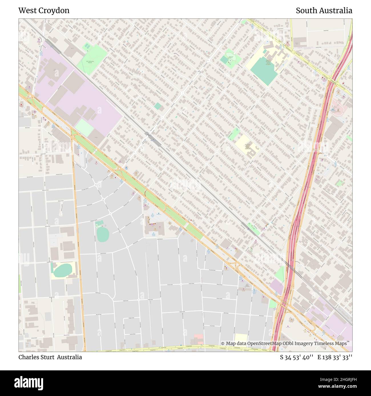 West Croydon, Charles Sturt, Australia, South Australia, S 34 53' 40'', E 138 33' 33'', map, Timeless Map published in 2021. Travelers, explorers and adventurers like Florence Nightingale, David Livingstone, Ernest Shackleton, Lewis and Clark and Sherlock Holmes relied on maps to plan travels to the world's most remote corners, Timeless Maps is mapping most locations on the globe, showing the achievement of great dreams Stock Photo