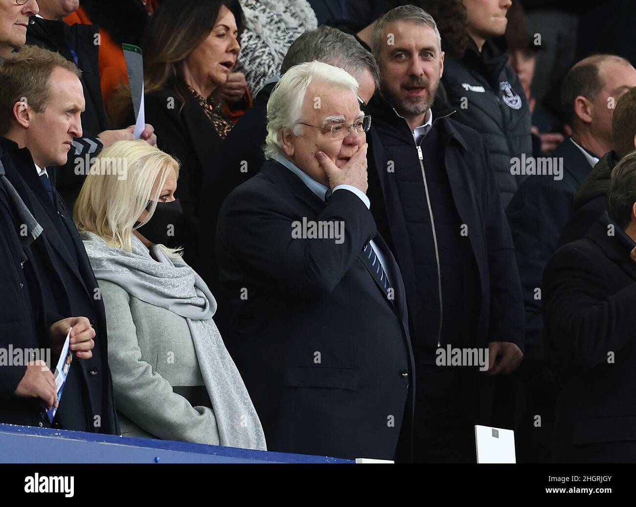 Liverpool, England, 22nd January 2022.  Everton Chairman Bill Kenwright reacts as a banner calling for his exit is flown over the ground before the Premier League match at Goodison Park, Liverpool. Picture credit should read: Darren Staples / Sportimage Stock Photo
