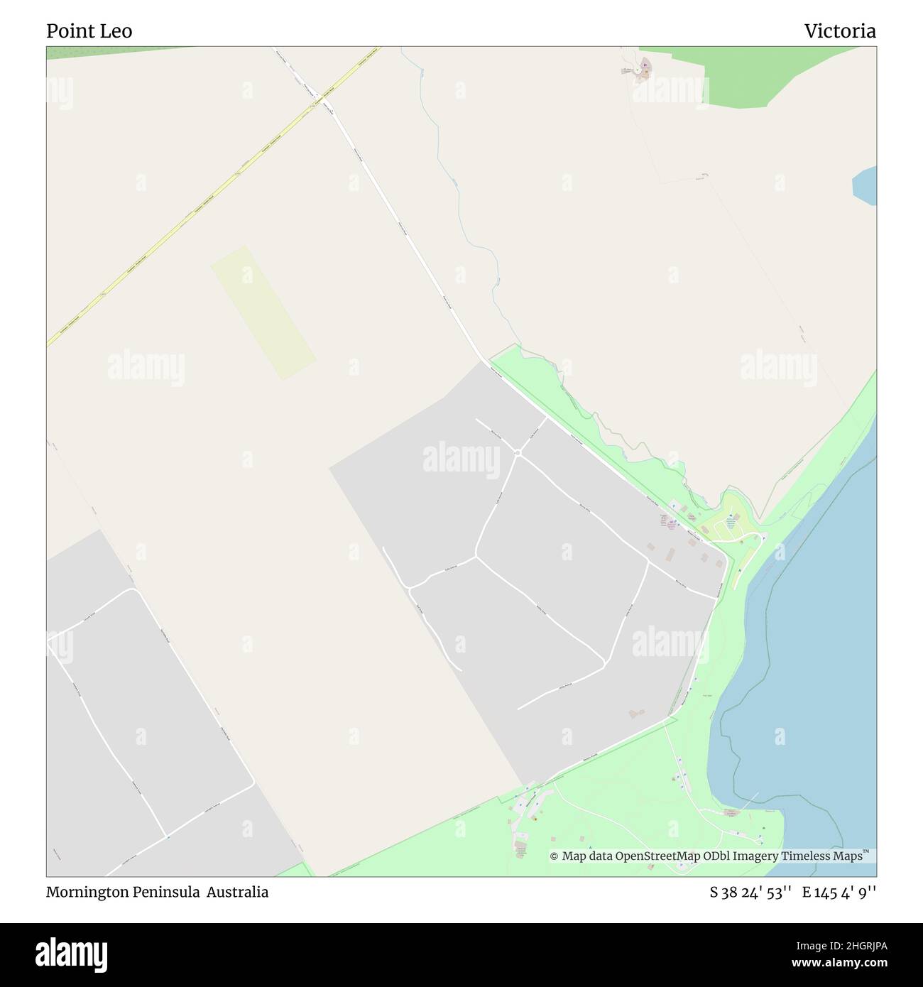 Point Leo, Mornington Peninsula, Australia, Victoria, S 38 24' 53'', E 145 4' 9'', map, Timeless Map published in 2021. Travelers, explorers and adventurers like Florence Nightingale, David Livingstone, Ernest Shackleton, Lewis and Clark and Sherlock Holmes relied on maps to plan travels to the world's most remote corners, Timeless Maps is mapping most locations on the globe, showing the achievement of great dreams Stock Photo