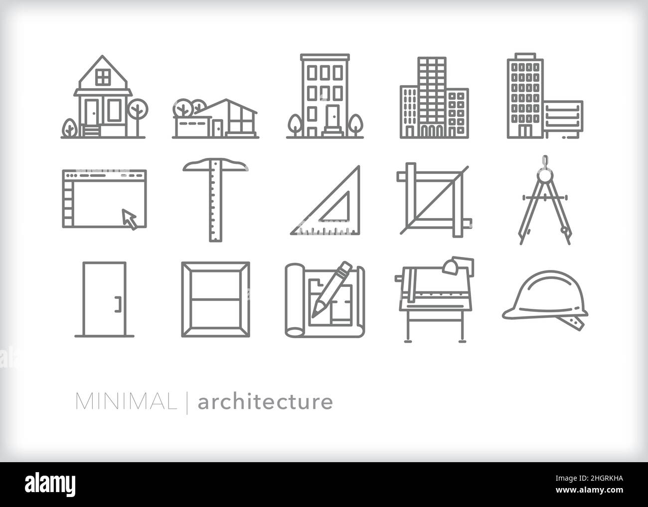 Set of architecture icons of tools an architect uses to plan, create and build houses and other buildings Stock Vector