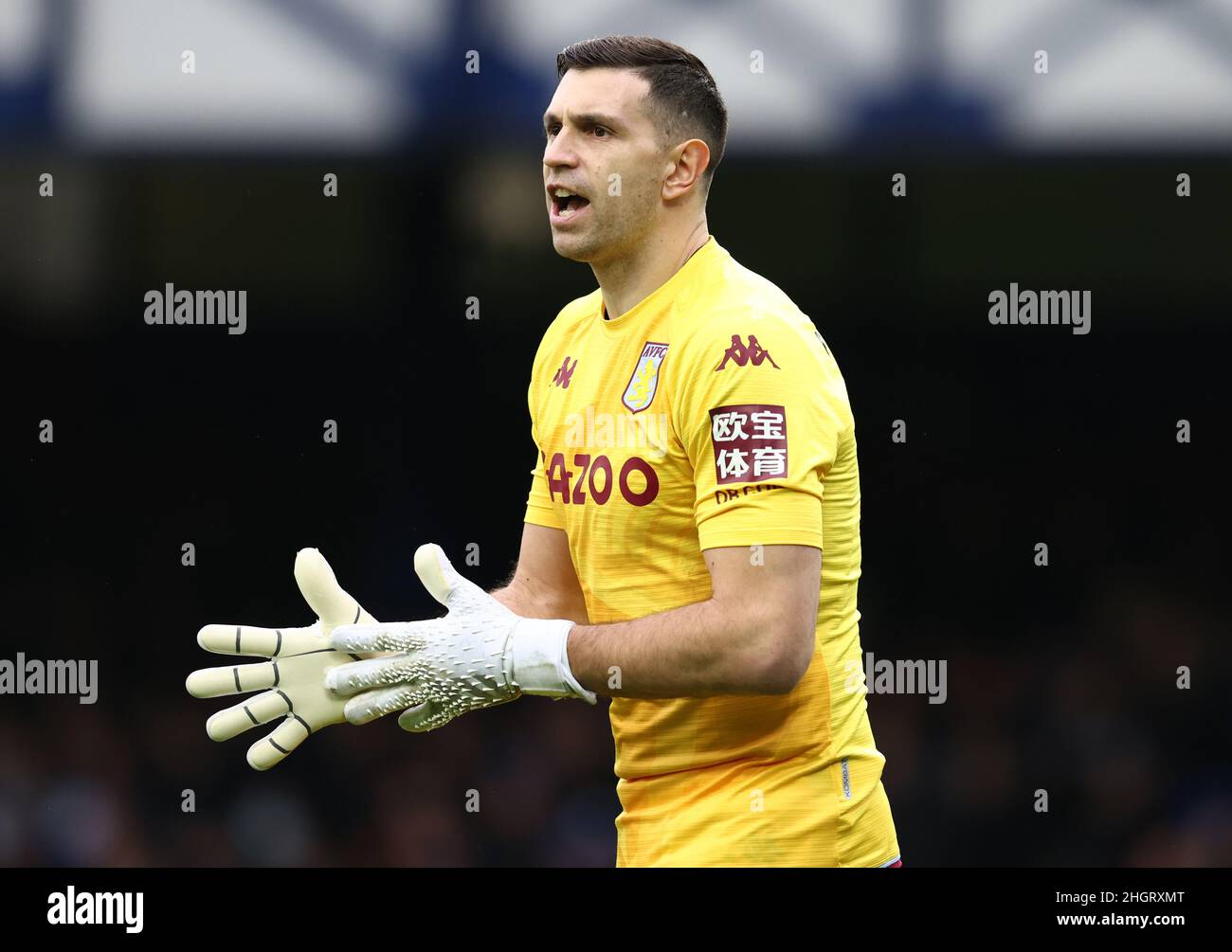 Liverpool, England, 22nd January 2022.  Emiliano Martinez of Aston Villa during the Premier League match at Goodison Park, Liverpool. Picture credit should read: Darren Staples / Sportimage Stock Photo