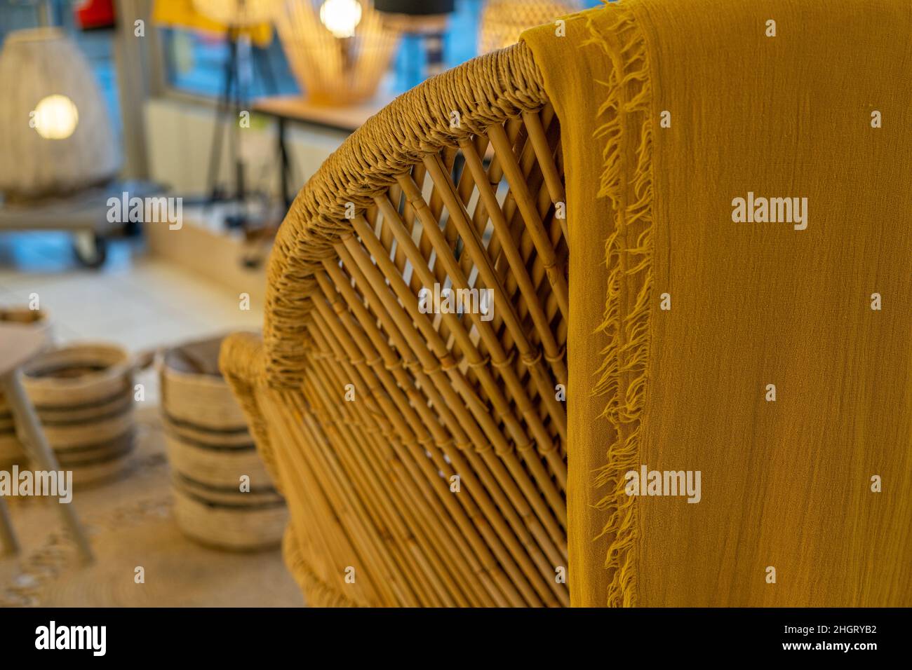 Hand made wicker chairs on the shop, bamboo luxury texture. Hight quality photo Stock Photo