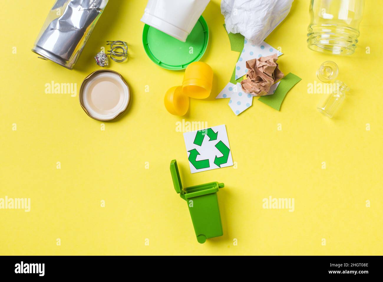 Clean trash to recycle in small bin metal, plastic paper and glass ...