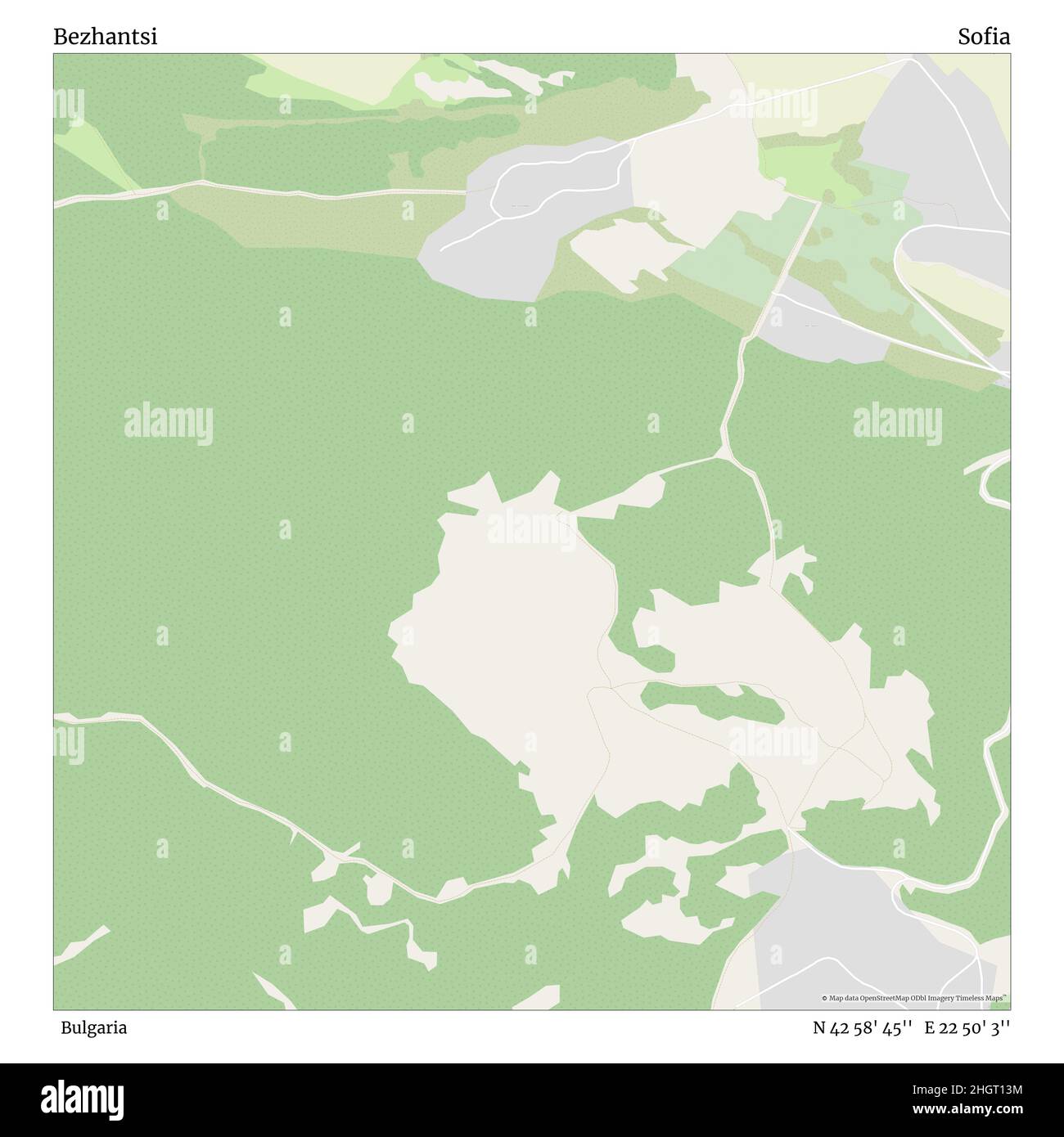 Bezhantsi, Bulgaria, Sofia, N 42 58' 45'', E 22 50' 3'', map, Timeless Map published in 2021. Travelers, explorers and adventurers like Florence Nightingale, David Livingstone, Ernest Shackleton, Lewis and Clark and Sherlock Holmes relied on maps to plan travels to the world's most remote corners, Timeless Maps is mapping most locations on the globe, showing the achievement of great dreams Stock Photo