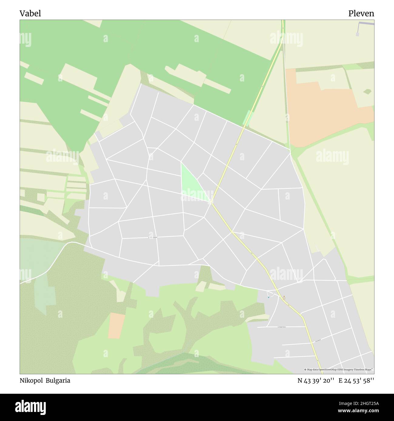 Vabel, Nikopol, Bulgaria, Pleven, N 43 39' 20'', E 24 53' 58'', map, Timeless Map published in 2021. Travelers, explorers and adventurers like Florence Nightingale, David Livingstone, Ernest Shackleton, Lewis and Clark and Sherlock Holmes relied on maps to plan travels to the world's most remote corners, Timeless Maps is mapping most locations on the globe, showing the achievement of great dreams Stock Photo