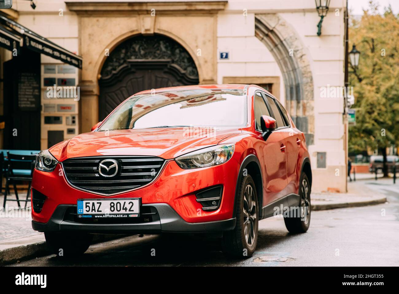 Front View Of Red Facelift Mazda Cx-5 Car Parked In Street. Stock Photo