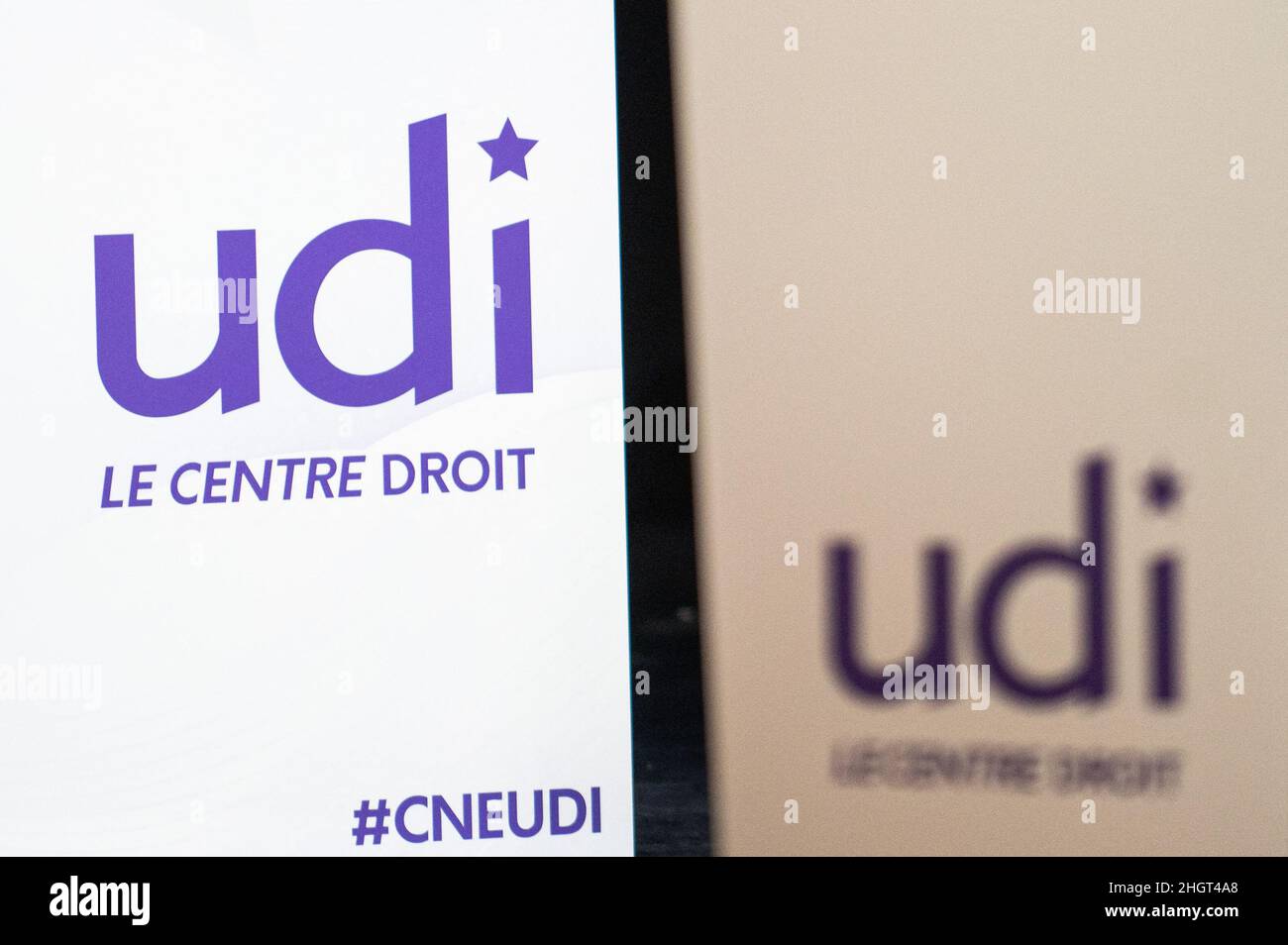 UDI logo is pictured during UDI national council in Vincennes on ...