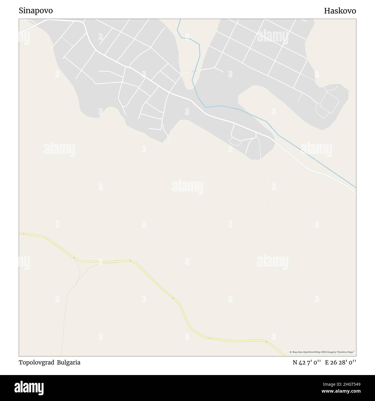 Sinapovo, Topolovgrad, Bulgaria, Haskovo, N 42 7' 0'', E 26 28' 0'', map, Timeless Map published in 2021. Travelers, explorers and adventurers like Florence Nightingale, David Livingstone, Ernest Shackleton, Lewis and Clark and Sherlock Holmes relied on maps to plan travels to the world's most remote corners, Timeless Maps is mapping most locations on the globe, showing the achievement of great dreams Stock Photo