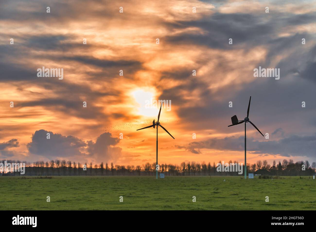 Two wind turbines in a pasture, in the flat agricultural Dutch province of Groningen, silhouetted against a dramatic sky at sunset. Stock Photo