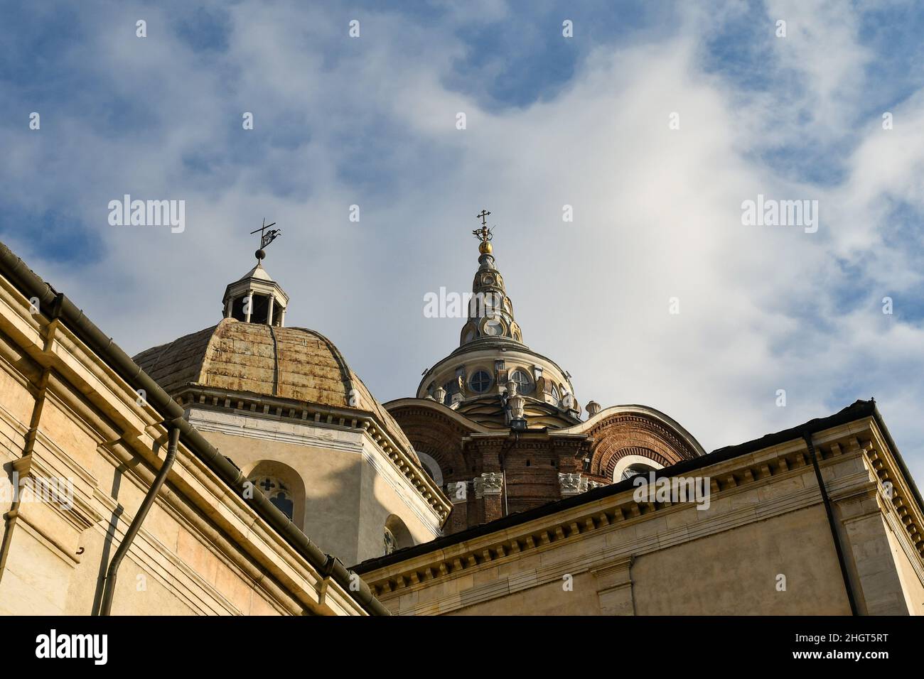 Low-angle view of the dome of the Cathedral of the John Baptist (left) and the dome of the Chapel of the Holy Shroud (right), Turin, Piedmont, Italy Stock Photo