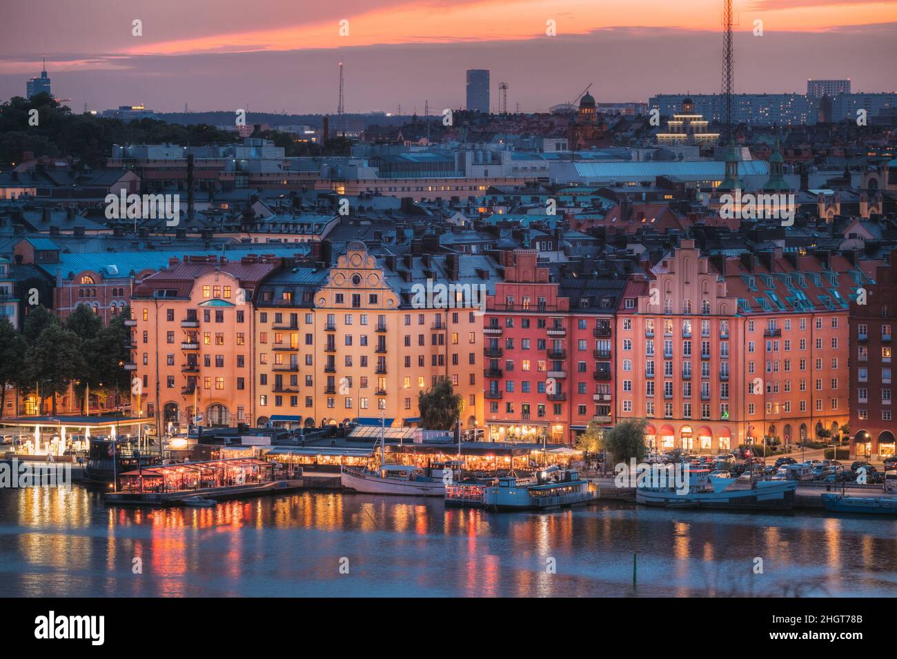 Stockholm, Sweden. Skyline View Of Residential Area Houses In Norr  Malarstrand Street, Kungsholmen Island. Scenic View In Sunset Twilight Dusk  Lights Stock Photo - Alamy