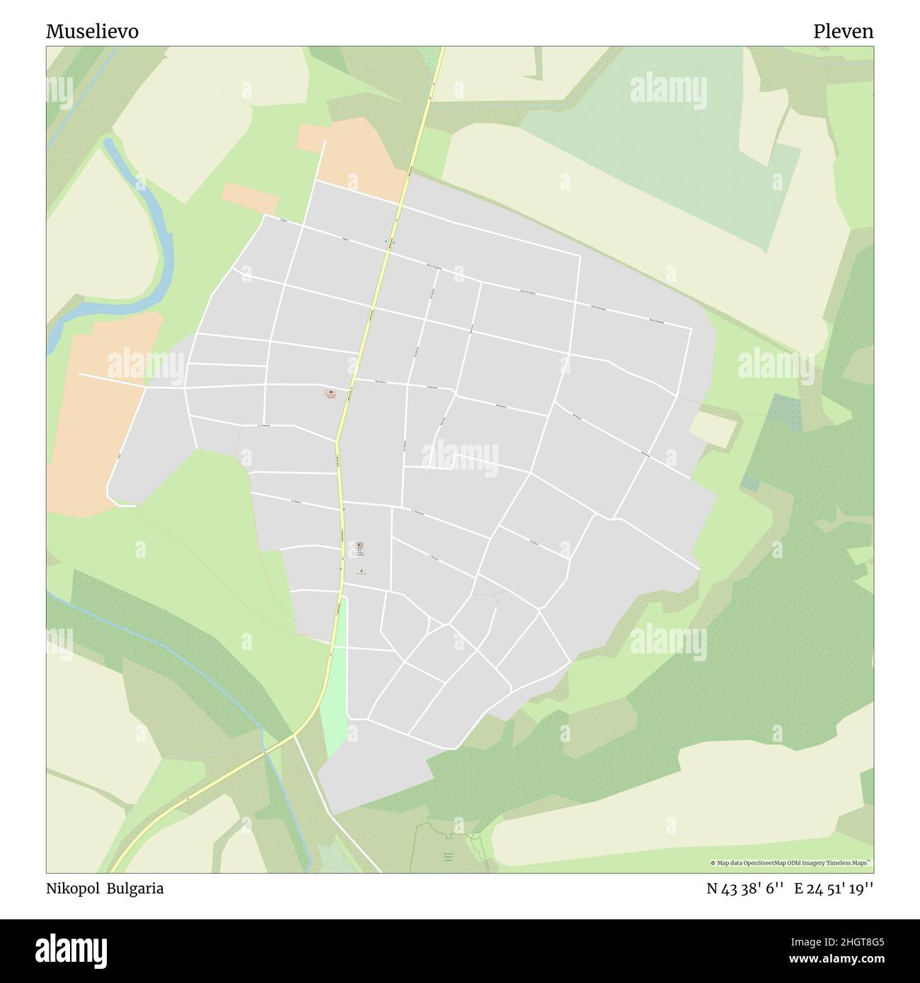 Muselievo, Nikopol, Bulgaria, Pleven, N 43 38' 6'', E 24 51' 19'', map, Timeless Map published in 2021. Travelers, explorers and adventurers like Florence Nightingale, David Livingstone, Ernest Shackleton, Lewis and Clark and Sherlock Holmes relied on maps to plan travels to the world's most remote corners, Timeless Maps is mapping most locations on the globe, showing the achievement of great dreams Stock Photo