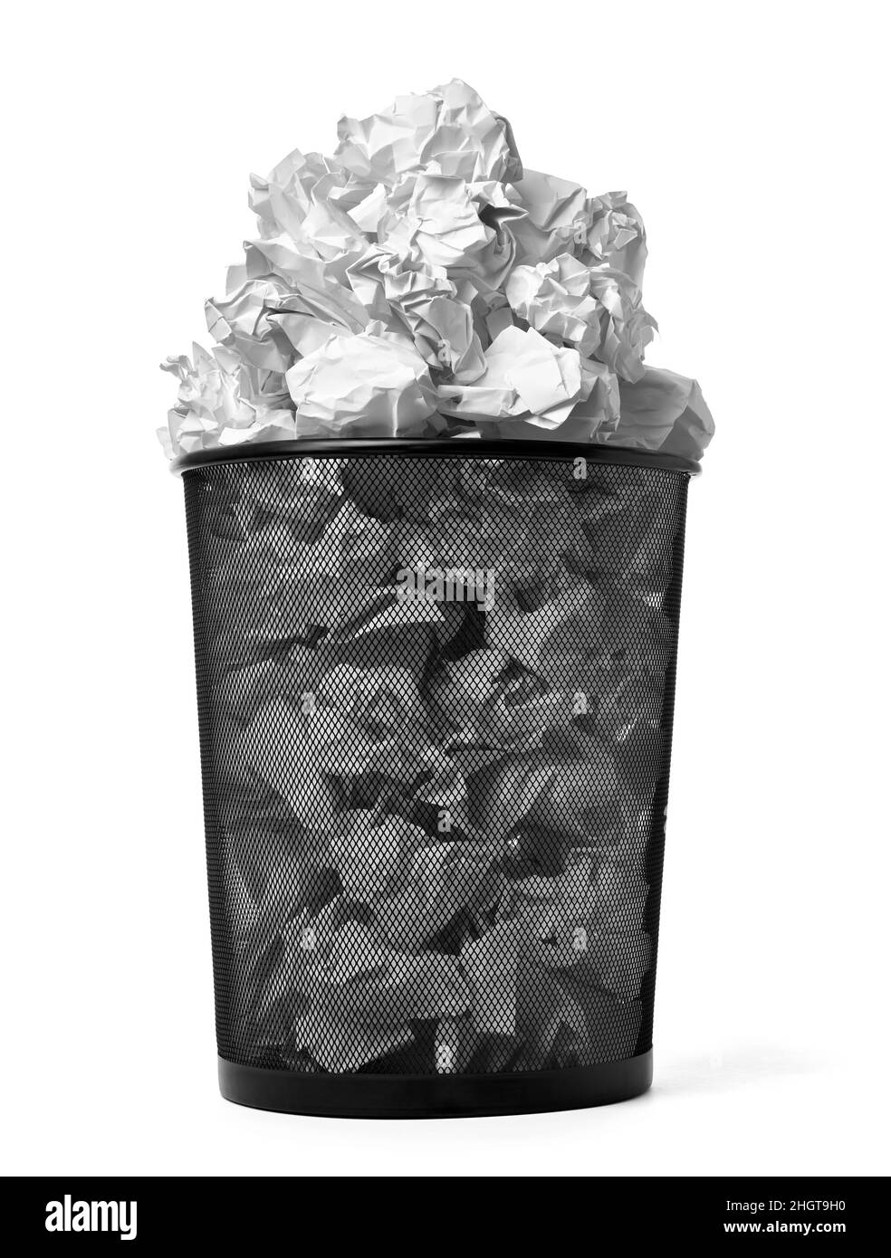 close up of a paper ball trash bin rubbish on white background Stock
