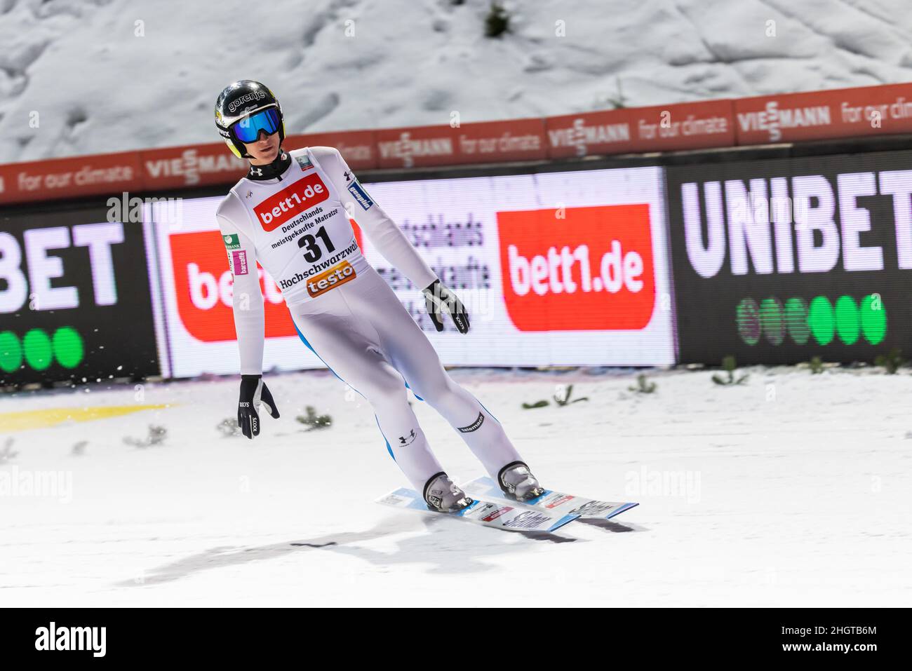 Titisee Neustadt, Germany. 22nd Jan, 2022. Nordic skiing/ski jumping: World  Cup large hill, men, 2nd round: Slovenian Peter Prevc crosses the run-out  zone of the Hochfirstschanze Credit: Philipp von Ditfurth/dpa/Alamy Live  News