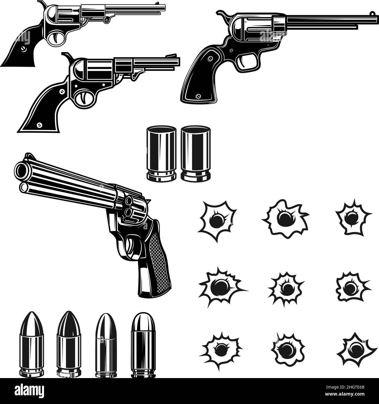 Revolvers, bullets, bullet holes. Design element for poster, card, banner, sign. Vector illustration Stock Vector