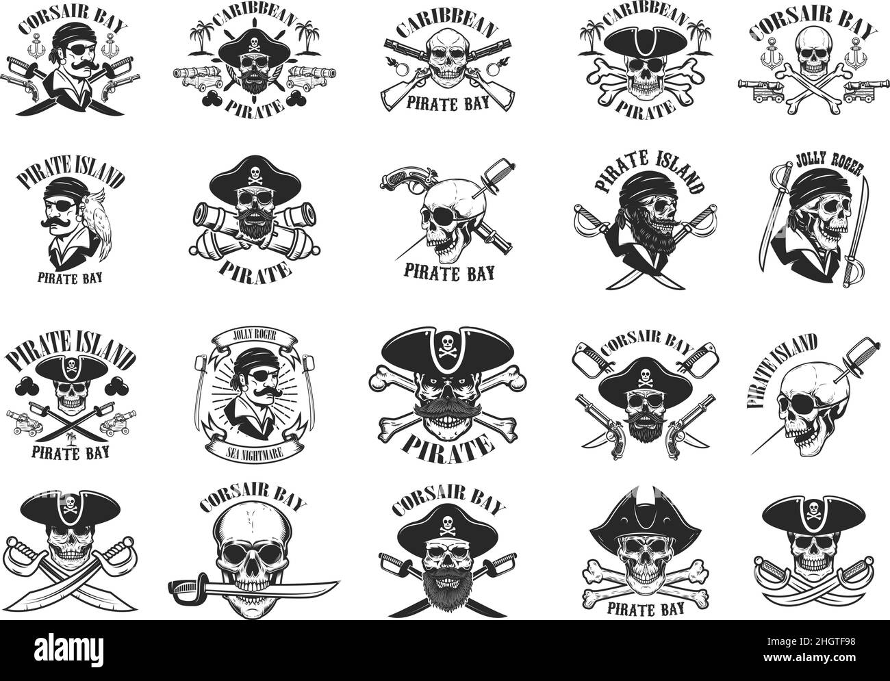 Big set of pirate emblems. Corsair, buccaneer. Design elements for logo, label, sign, poster, t shirt. Vector illustration Stock Vector
