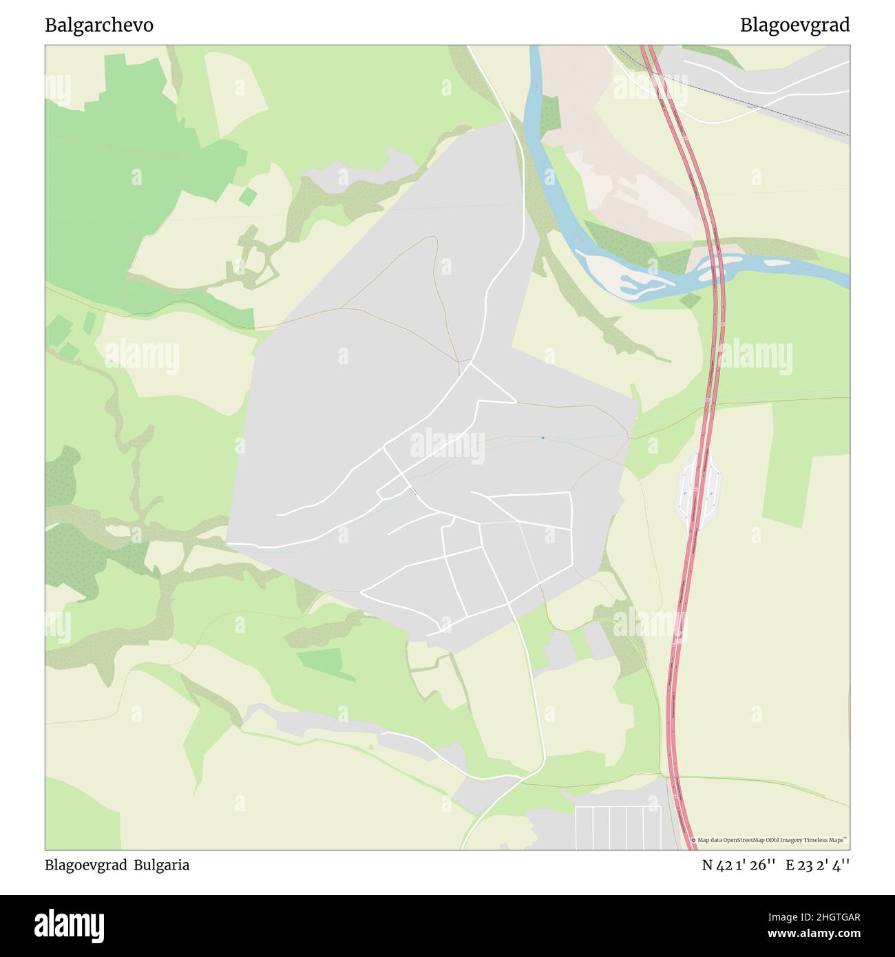 Balgarchevo, Blagoevgrad, Bulgaria, Blagoevgrad, N 42 1' 26'', E 23 2' 4'', map, Timeless Map published in 2021. Travelers, explorers and adventurers like Florence Nightingale, David Livingstone, Ernest Shackleton, Lewis and Clark and Sherlock Holmes relied on maps to plan travels to the world's most remote corners, Timeless Maps is mapping most locations on the globe, showing the achievement of great dreams Stock Photo