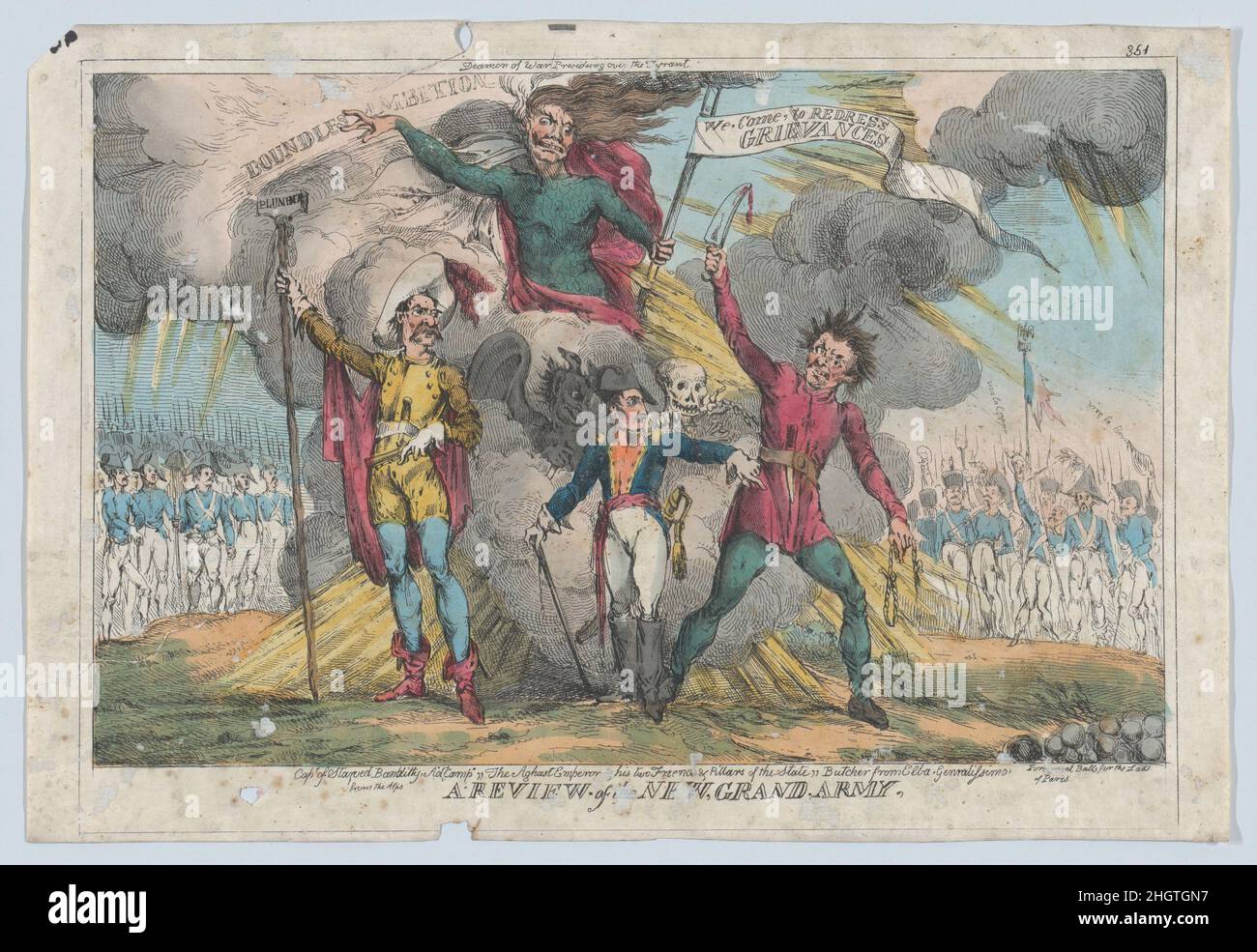A Review of the New Grand Army 1815 William Heath ('Paul Pry') Napoleon stands at the center of this satire and points towards cannon balls lettered 'Forse, meat Balls for the Lads of Paris,' with Death and the Devil in the clouds behind him at right. At left, an Italian brigand holds a pistol and a pole lettered 'Plunder' and at right a butcher holds a noose and a knife. An inscription below describes the figures as 'Captain of Starved Banditty from the Alps, Ad Camp, The Aghast Emperor & his two Friends & Pillars of the State, Butcher from Elba. Generalissimo.' Above Napoleon's head, a figur Stock Photo
