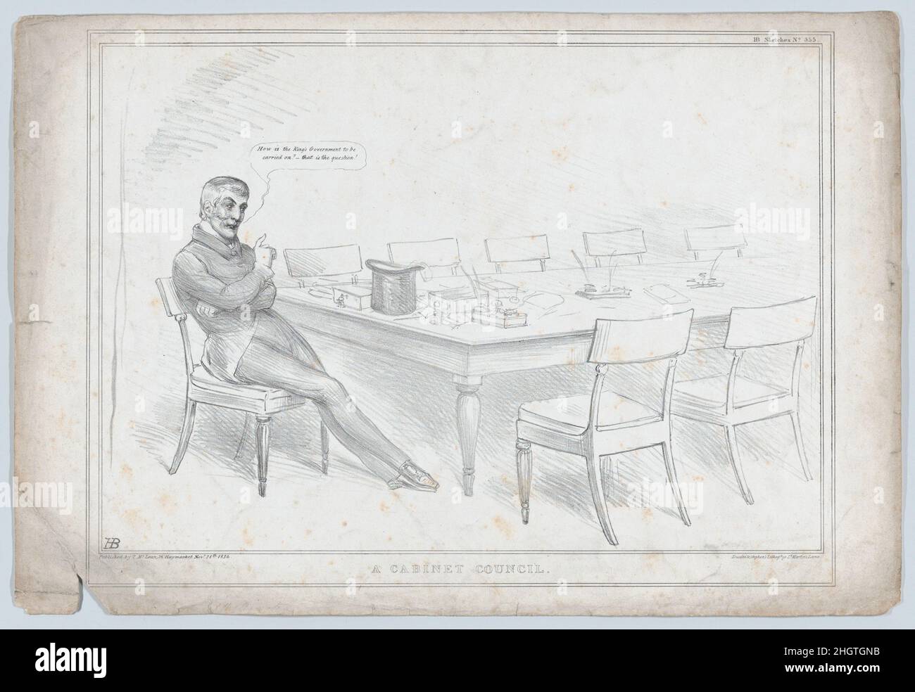 A Cabinet Council November 28, 1834 John Doyle This satire comments on the moment in 1834 when the Duke of Wellington held all of the principle offices of state between the dissolution of Lord Melbourne's Cabinet and the formation of one led by Sir Robert Peel. The Duke sits at a table surrounded by seven empty chairs, as though addressing a meeting, and asks 'How is the King's government to be carried on?' Two years before he had asked the same question during a speech in Parliament when the Reform Bill of 1832 was being debated, on that occasion referencing the consequences of proposed remov Stock Photo