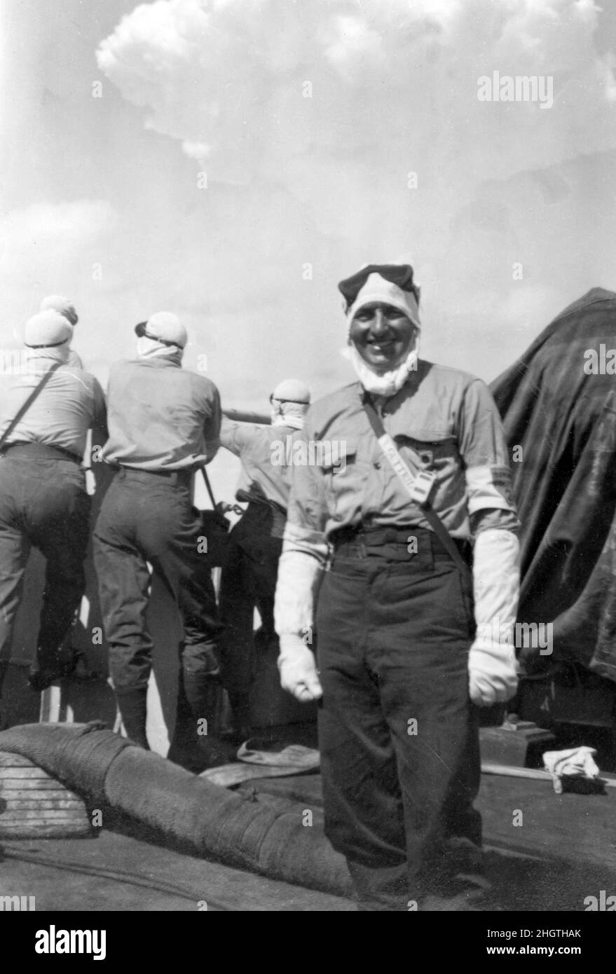 Royal Navy Chief Petty Officer dressed in Anti Flash rig in preparation of the British first H Bomb Test above Christmas Island, known as Operation Grapple, 15th May 1957. Stock Photo