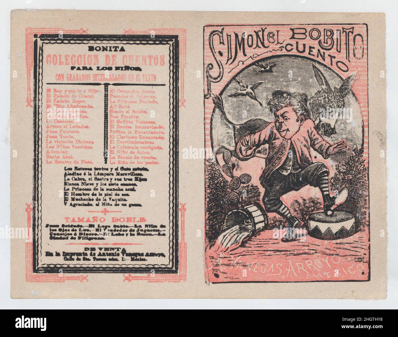 Cover for 'Simonel Bobito', a man stomping and a donkey in the background ca. 1890–1910 José Guadalupe Posada. Cover for 'Simonel Bobito', a man stomping and a donkey in the background. José Guadalupe Posada (Mexican, 1851–1913). ca. 1890–1910. Photo-relief and letterpress printed in red and black ink on beige paper. Antonio Vanegas Arroyo (1850–1917, Mexican). Prints Stock Photo