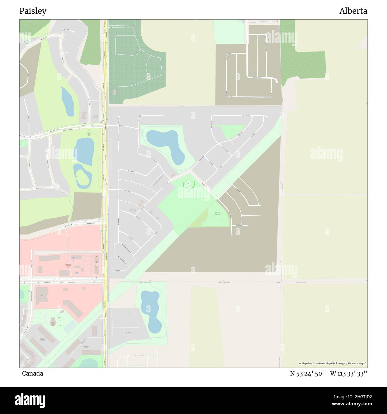 Paisley, Canada, Alberta, N 53 24' 50'', W 113 33' 33'', map, Timeless Map published in 2021. Travelers, explorers and adventurers like Florence Nightingale, David Livingstone, Ernest Shackleton, Lewis and Clark and Sherlock Holmes relied on maps to plan travels to the world's most remote corners, Timeless Maps is mapping most locations on the globe, showing the achievement of great dreams Stock Photo