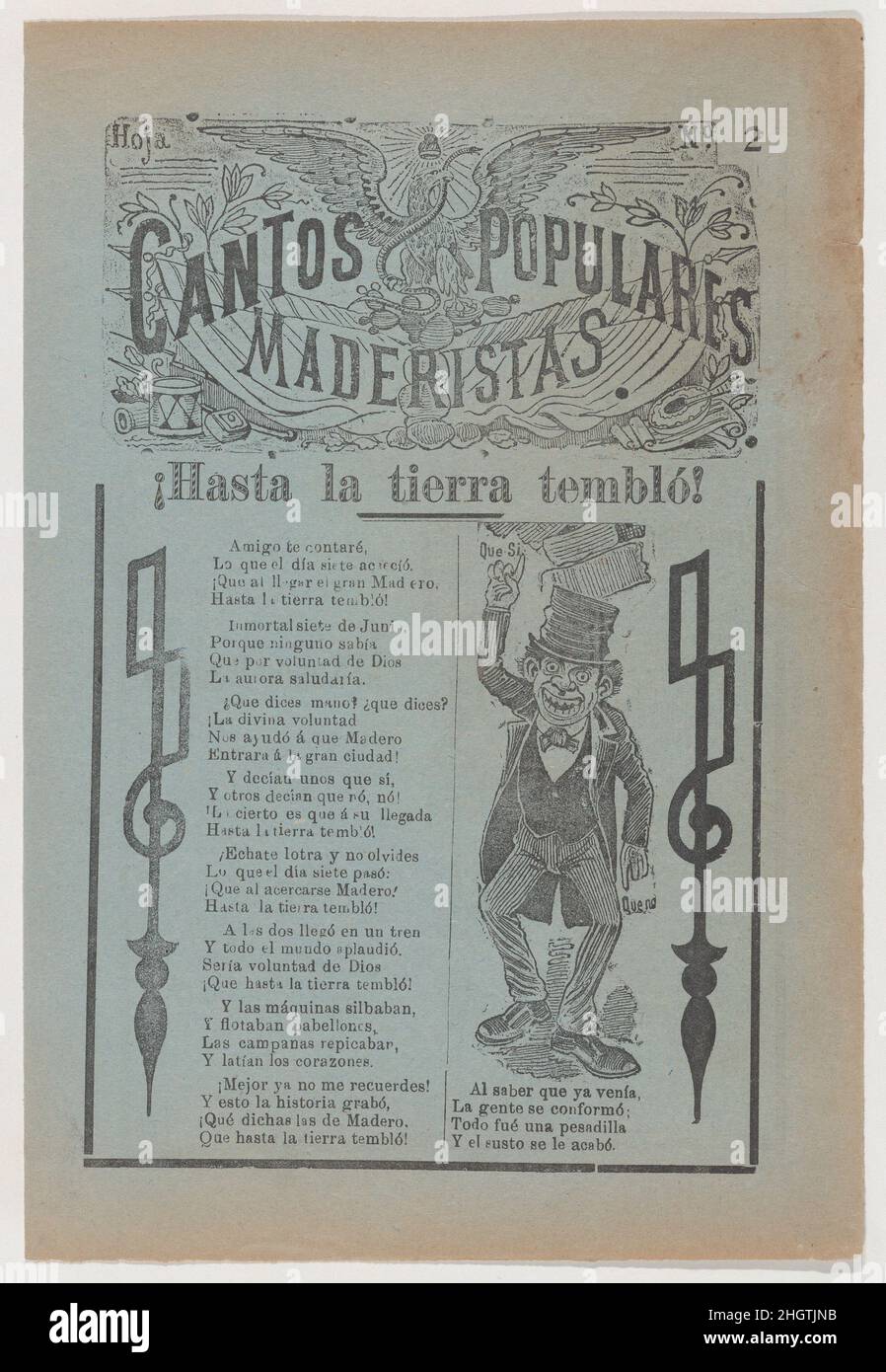 Broadsheet celebrating one of the founders of the Mexican Revolution, Francisco Madero, shown in a suit and top hat pointing to the phrases 'Que Si' and 'Que No' ca. 1911 José Guadalupe Posada. Broadsheet celebrating one of the founders of the Mexican Revolution, Francisco Madero, shown in a suit and top hat pointing to the phrases 'Que Si' and 'Que No'. José Guadalupe Posada (Mexican, 1851–1913). ca. 1911. Photo-relief and letterpress on gray paper. Antonio Vanegas Arroyo (1850–1917, Mexican). Prints Stock Photo