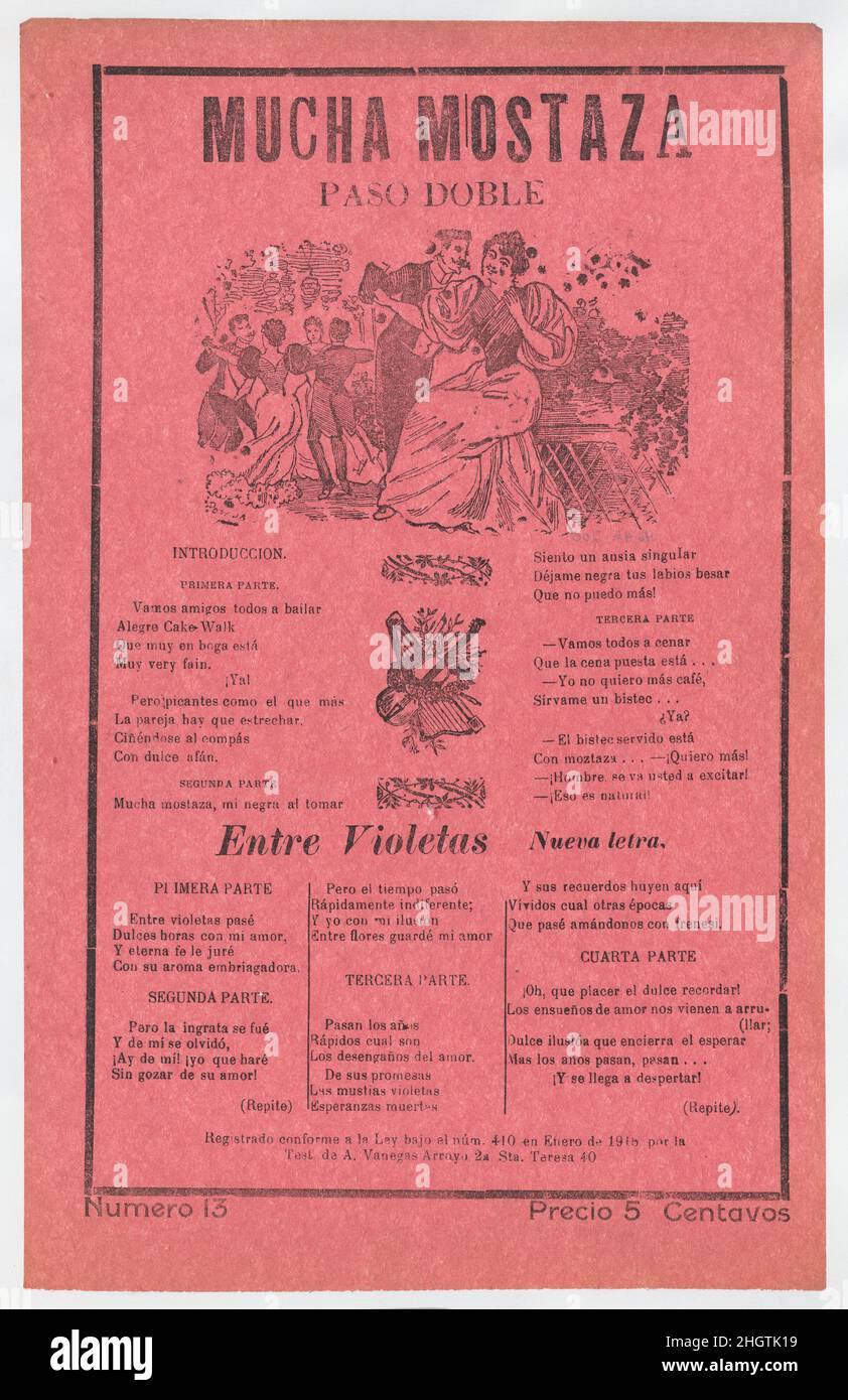 Broadsheet with songs for a two-step dance (paso doble), a man and woman talking while elegantly dressed couples dance in the background ca. 1918 (published) José Guadalupe Posada. Broadsheet with songs for a two-step dance (paso doble), a man and woman talking while elegantly dressed couples dance in the background. José Guadalupe Posada (Mexican, 1851–1913). ca. 1918 (published). Photo-relief and letterpress on pink paper. Antonio Vanegas Arroyo (1850–1917, Mexican). Prints Stock Photo