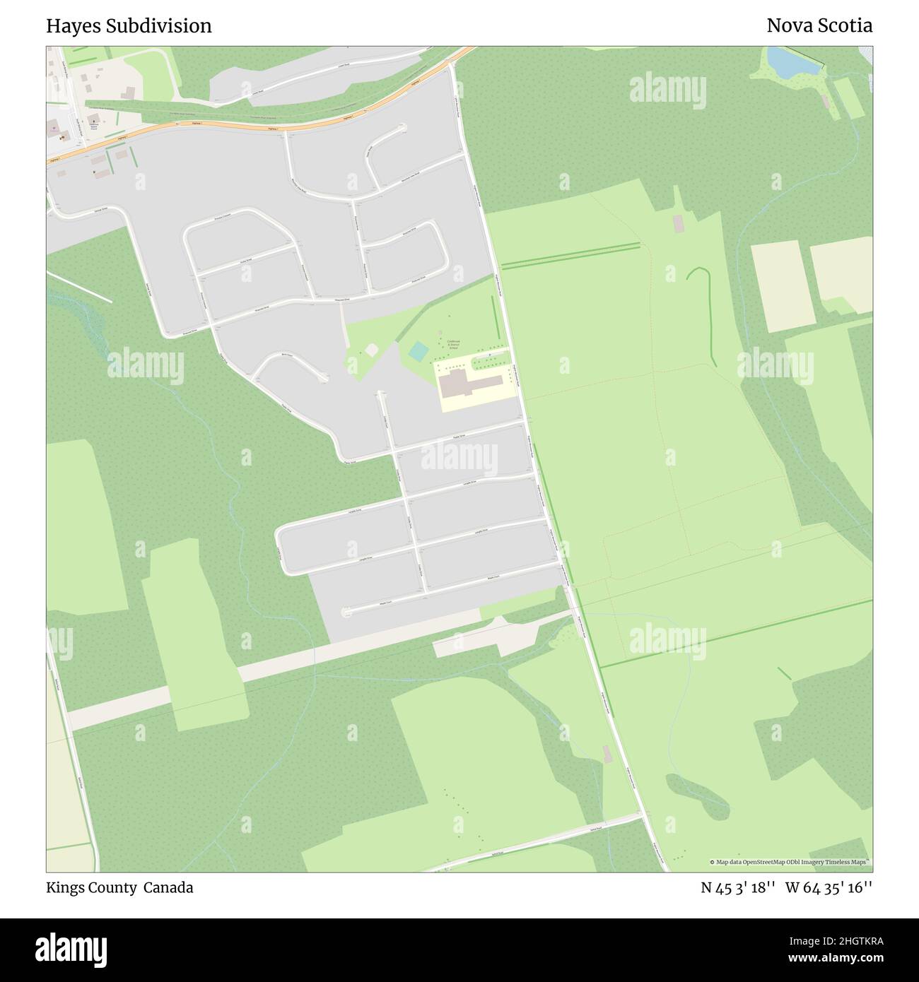Hayes Subdivision, Kings County, Canada, Nova Scotia, N 45 3' 18'', W 64 35' 16'', map, Timeless Map published in 2021. Travelers, explorers and adventurers like Florence Nightingale, David Livingstone, Ernest Shackleton, Lewis and Clark and Sherlock Holmes relied on maps to plan travels to the world's most remote corners, Timeless Maps is mapping most locations on the globe, showing the achievement of great dreams Stock Photo