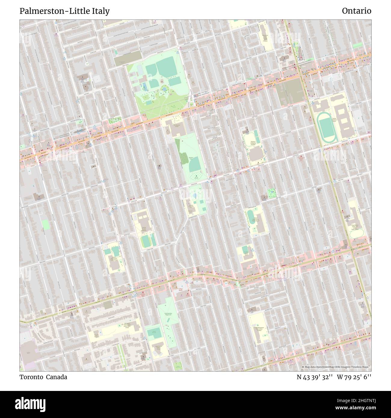 Palmerston-Little Italy, Toronto, Canada, Ontario, N 43 39' 32'', W 79 25' 6'', map, Timeless Map published in 2021. Travelers, explorers and adventurers like Florence Nightingale, David Livingstone, Ernest Shackleton, Lewis and Clark and Sherlock Holmes relied on maps to plan travels to the world's most remote corners, Timeless Maps is mapping most locations on the globe, showing the achievement of great dreams Stock Photo