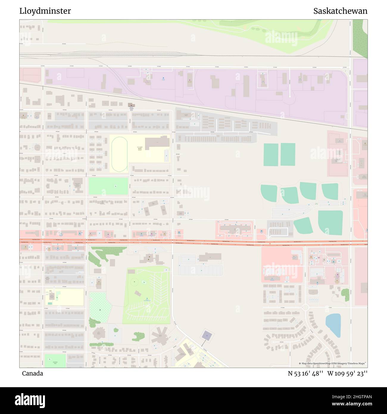 Lloydminster, Canada, Saskatchewan, N 53 16' 48'', W 109 59' 23'', map, Timeless Map published in 2021. Travelers, explorers and adventurers like Florence Nightingale, David Livingstone, Ernest Shackleton, Lewis and Clark and Sherlock Holmes relied on maps to plan travels to the world's most remote corners, Timeless Maps is mapping most locations on the globe, showing the achievement of great dreams Stock Photo