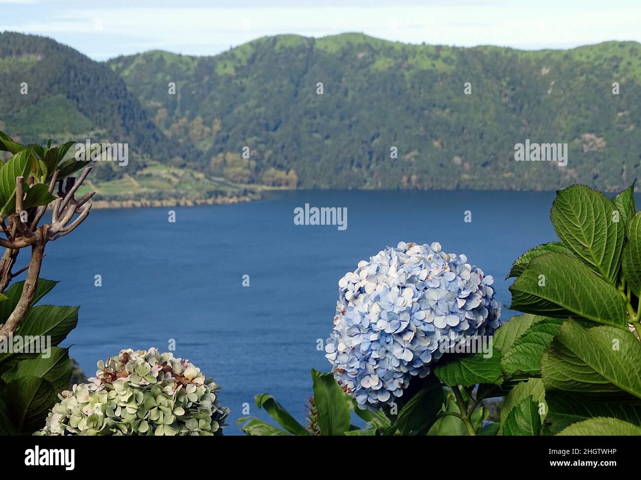 View over Sete Cidades lakes, Azores islands, travel destination, hiking paradise. Stock Photo