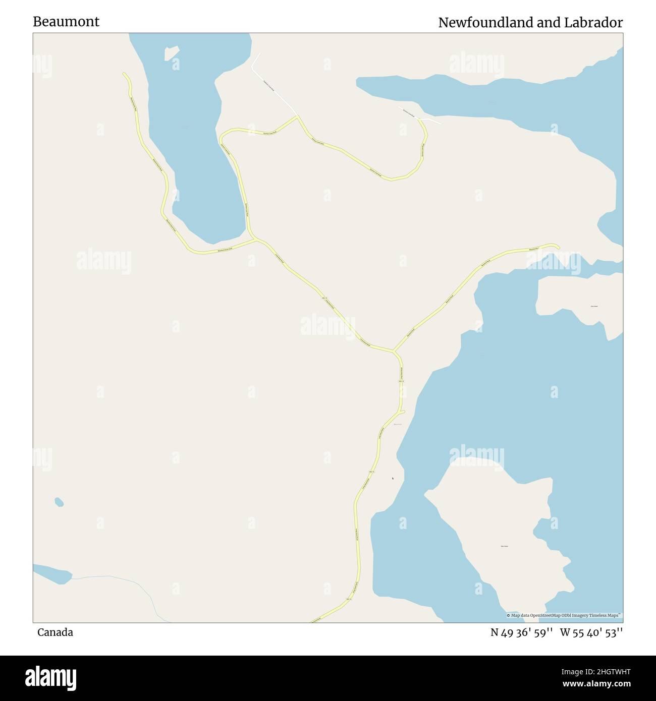 Beaumont, Canada, Newfoundland and Labrador, N 49 36' 59'', W 55 40' 53'', map, Timeless Map published in 2021. Travelers, explorers and adventurers like Florence Nightingale, David Livingstone, Ernest Shackleton, Lewis and Clark and Sherlock Holmes relied on maps to plan travels to the world's most remote corners, Timeless Maps is mapping most locations on the globe, showing the achievement of great dreams Stock Photo