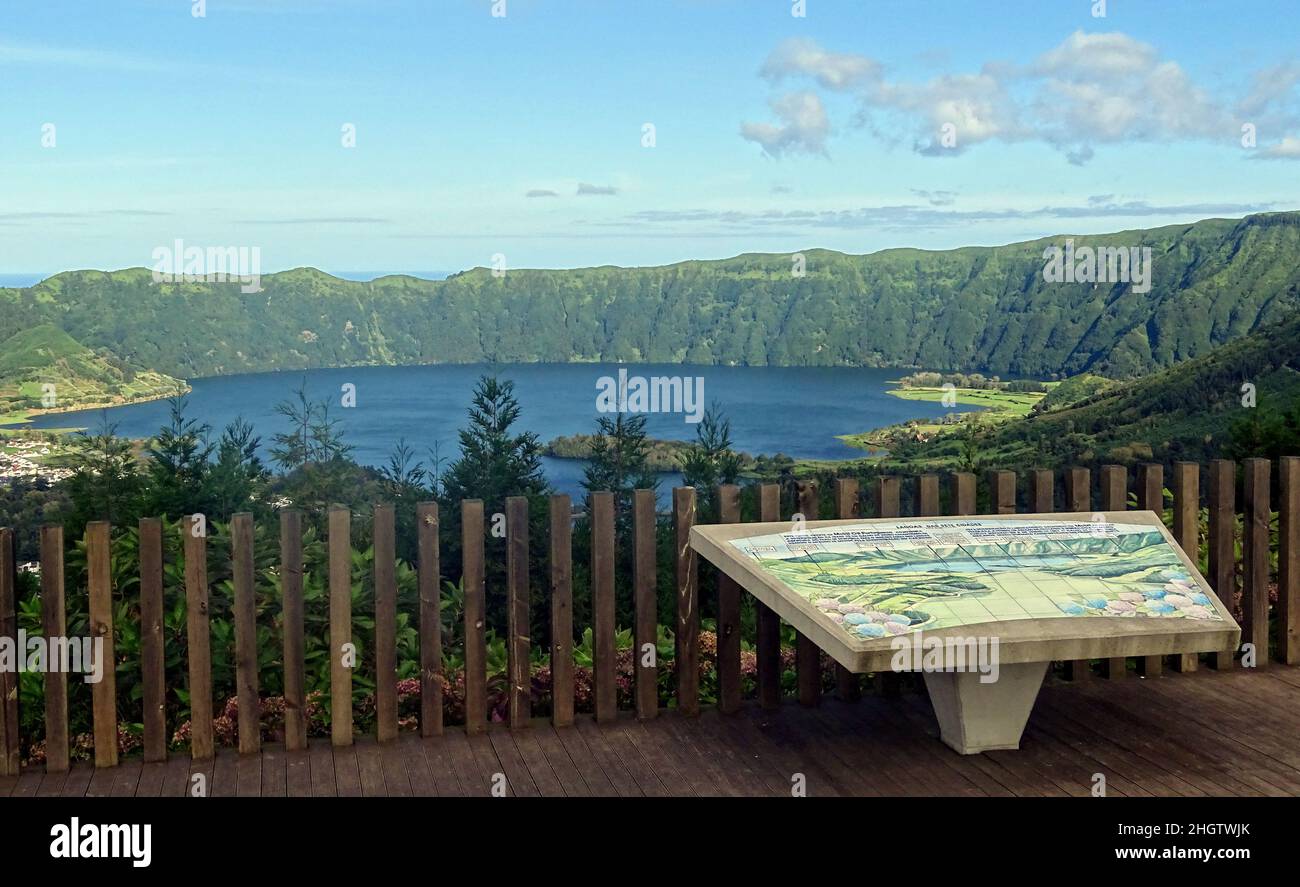 View over Sete Cidades lakes, Azores islands, travel destination, hiking paradise. Stock Photo