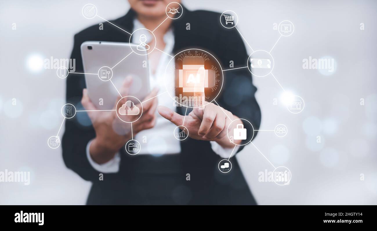 Businesswoman touch icons with line technology of Artificial ...