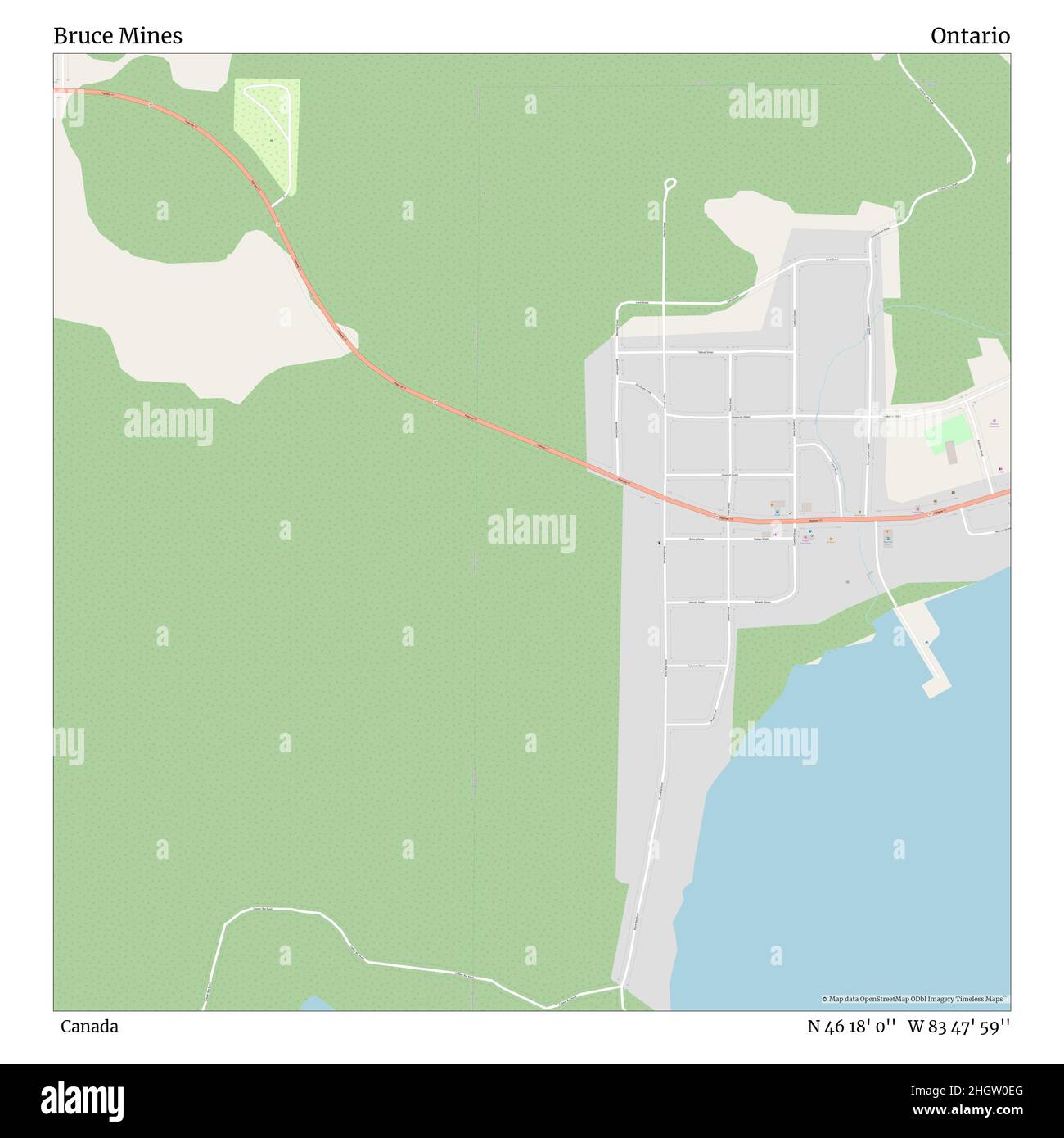 Bruce Mines, Canada, Ontario, N 46 18' 0'', W 83 47' 59'', map, Timeless Map published in 2021. Travelers, explorers and adventurers like Florence Nightingale, David Livingstone, Ernest Shackleton, Lewis and Clark and Sherlock Holmes relied on maps to plan travels to the world's most remote corners, Timeless Maps is mapping most locations on the globe, showing the achievement of great dreams Stock Photo