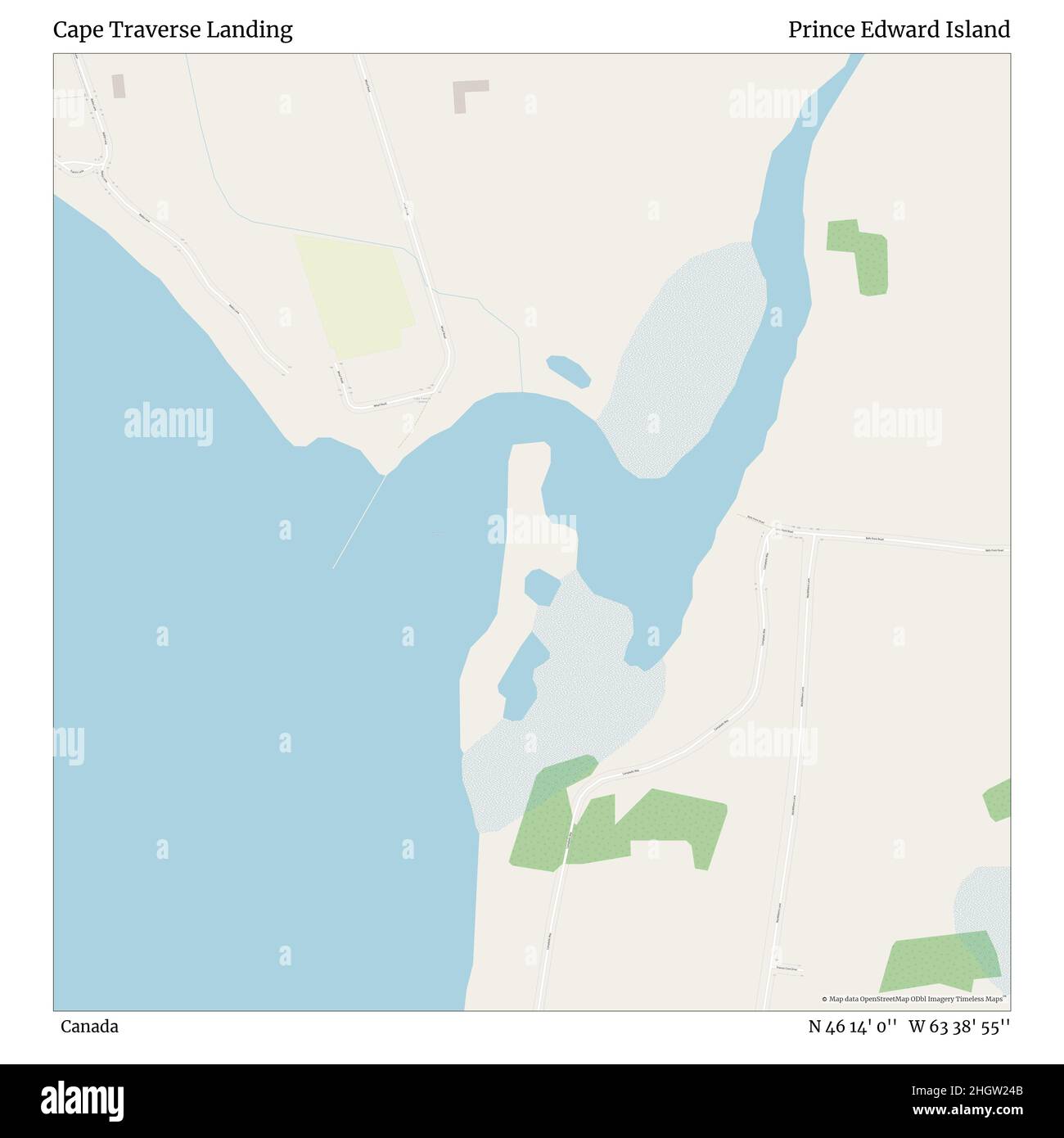 Cape Traverse Landing, Canada, Prince Edward Island, N 46 14' 0'', W 63 38' 55'', map, Timeless Map published in 2021. Travelers, explorers and adventurers like Florence Nightingale, David Livingstone, Ernest Shackleton, Lewis and Clark and Sherlock Holmes relied on maps to plan travels to the world's most remote corners, Timeless Maps is mapping most locations on the globe, showing the achievement of great dreams Stock Photo