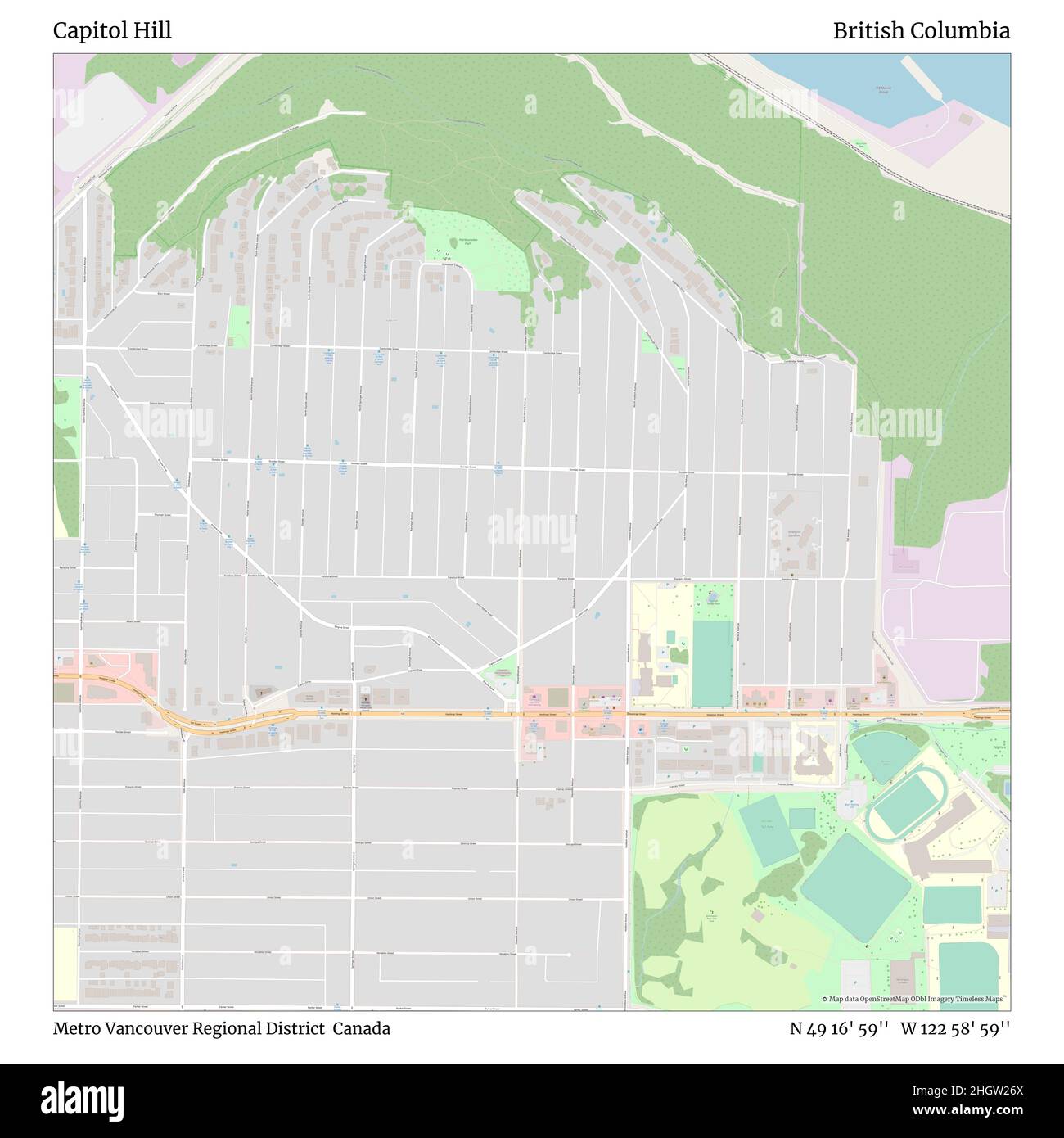 Capitol Hill, Metro Vancouver Regional District, Canada, British Columbia, N 49 16' 59'', W 122 58' 59'', map, Timeless Map published in 2021. Travelers, explorers and adventurers like Florence Nightingale, David Livingstone, Ernest Shackleton, Lewis and Clark and Sherlock Holmes relied on maps to plan travels to the world's most remote corners, Timeless Maps is mapping most locations on the globe, showing the achievement of great dreams Stock Photo