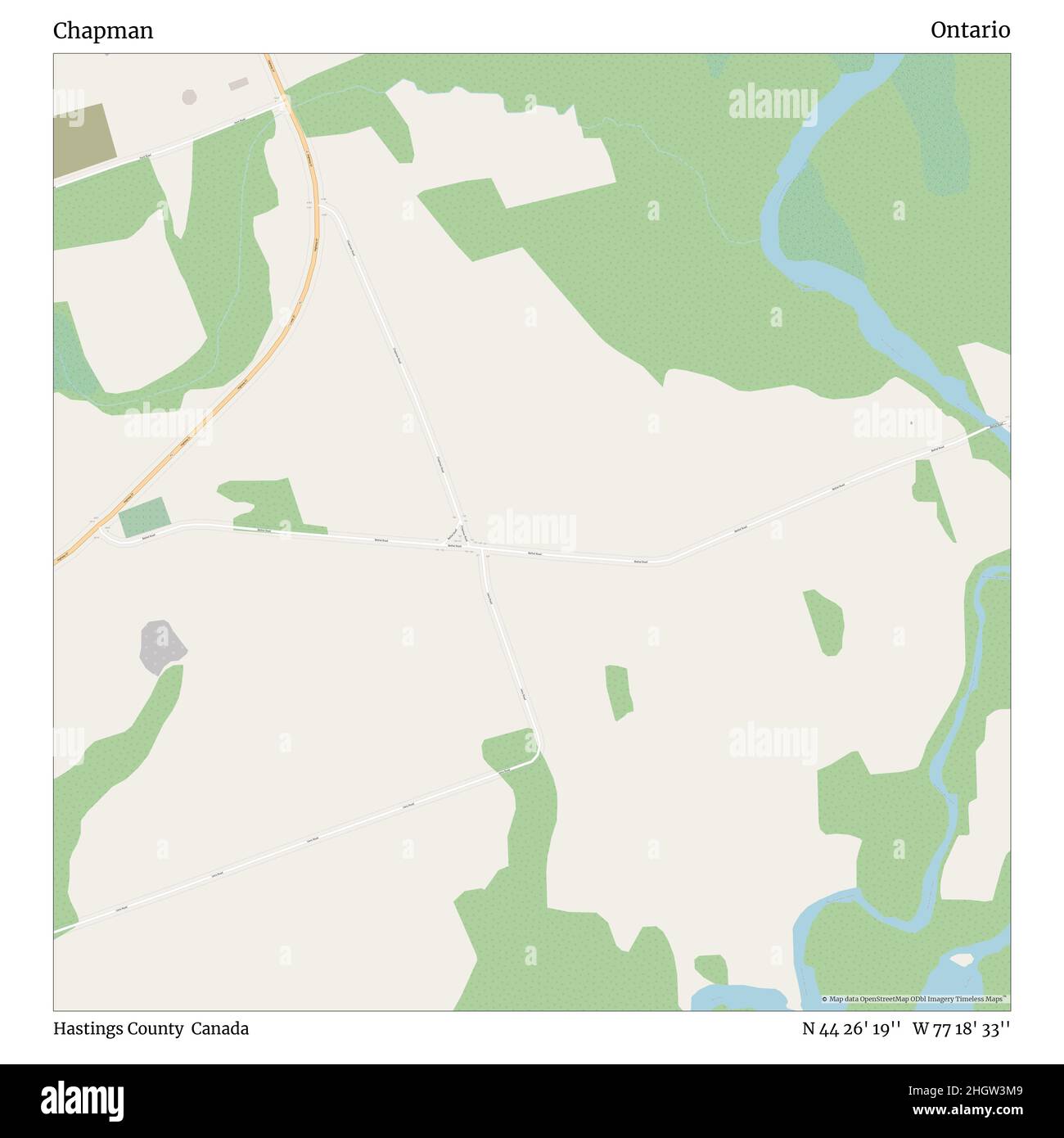 Chapman, Hastings County, Canada, Ontario, N 44 26' 19'', W 77 18' 33'', map, Timeless Map published in 2021. Travelers, explorers and adventurers like Florence Nightingale, David Livingstone, Ernest Shackleton, Lewis and Clark and Sherlock Holmes relied on maps to plan travels to the world's most remote corners, Timeless Maps is mapping most locations on the globe, showing the achievement of great dreams Stock Photo