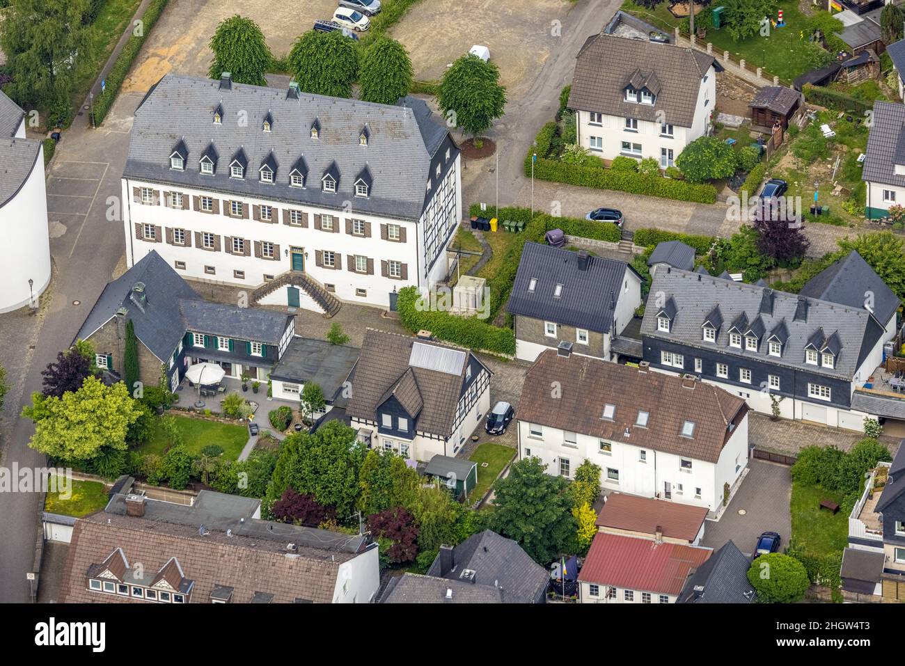 Aerial view, Old monastery, former Cistercian abbey, houses municipal building office and music school, Drolshagen, Sauerland, North Rhine-Westphalia, Stock Photo