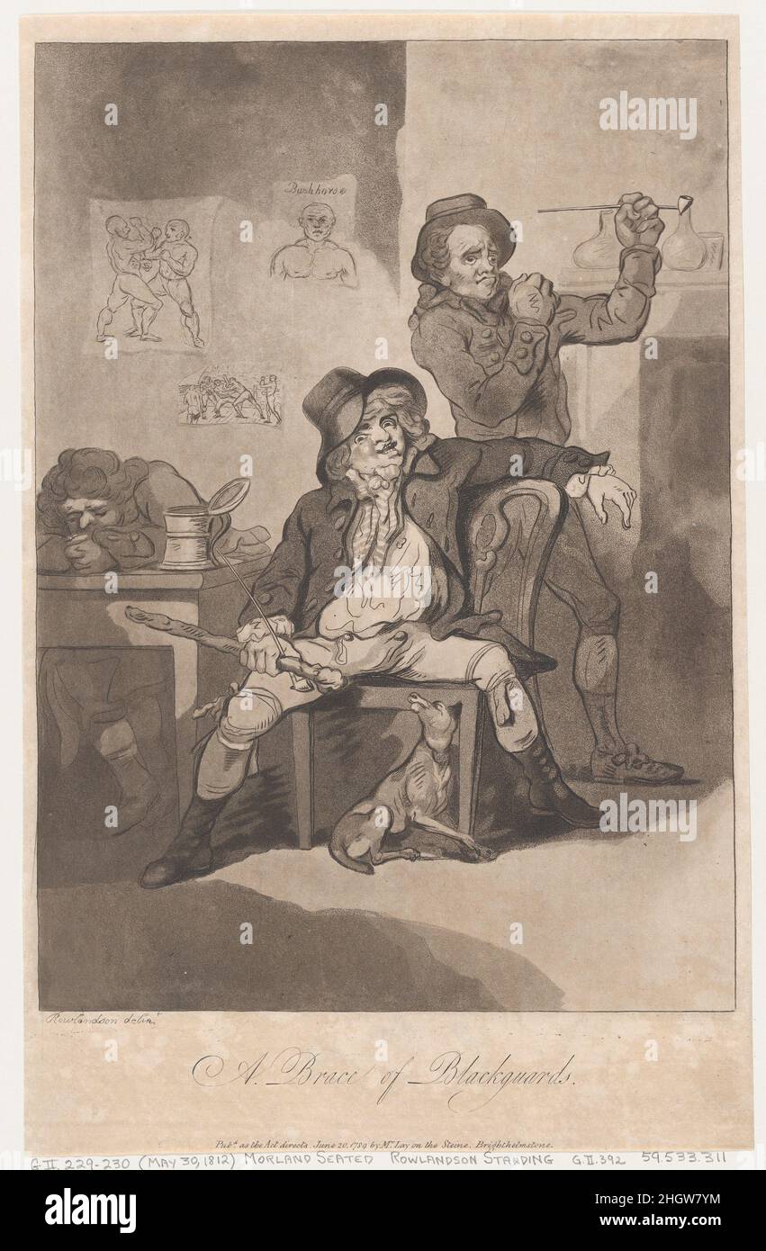 A Brace of Blackguards June 20, 1789 Thomas Rowlandson The scholar Grego identifies these two rough looking characters at an inn as a self-portrait by Rowlandson (shown adopting a pugilist's stance) and a portrayal of his friend the artist George Morland (seated with a Shillelagh, or club, and pipe). The boxing theme is extended to images pasted or drawn on the back wall.. A Brace of Blackguards. Thomas Rowlandson (British, London 1757–1827 London). June 20, 1789. Etching and aquatint. Prints Stock Photo