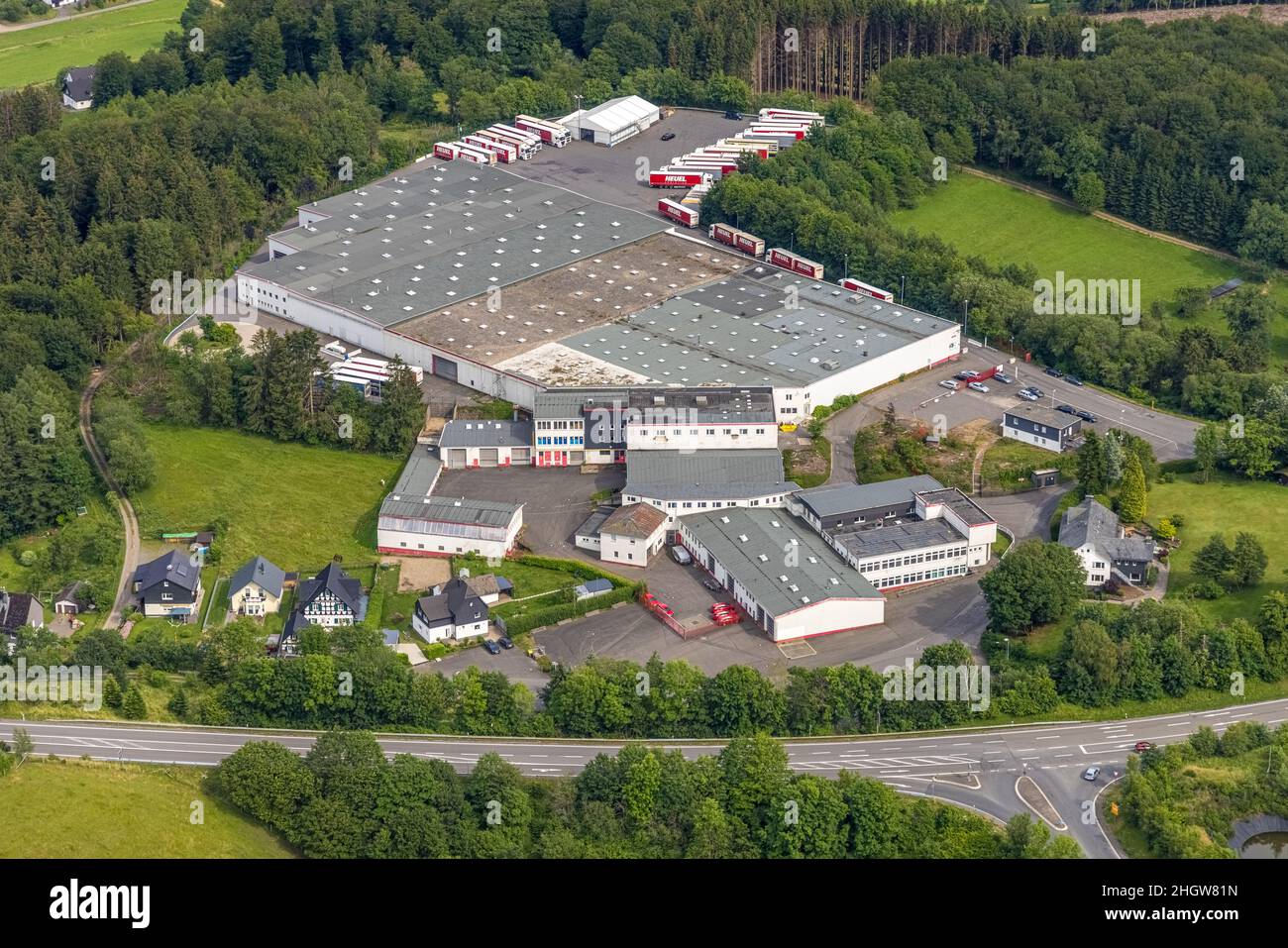 Aerial photograph, Heuel Logistik warehouse, Alte Dorfstraße, Germinghausen, Drolshagen, Sauerland, North Rhine-Westphalia, Germany, DE, Europe, freig Stock Photo